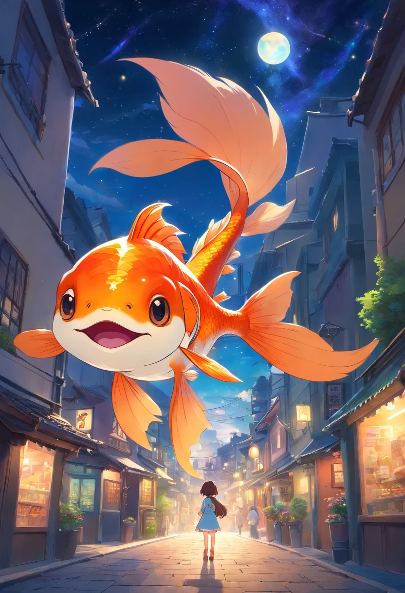 Stars shine，Colorful，Huge goldfish float over the city，Huge tail，Cute and cute，KIDS ILLUSTRATION，Glow effects，Dingdall effect，depth of fields，high light，Real light，Ray traching，oc rendered，Hyper-realistic，best qualtiy，8K，Works of masters，super-fine，Detailed pubic hair，Correct anatomy