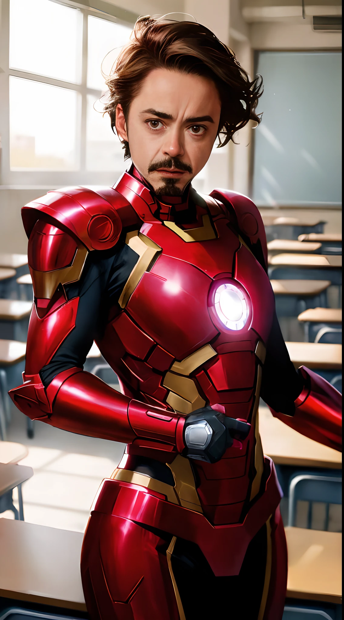 Robert Downey as a  girl, female Iron Woman armor, very light skin, Robert Downey haircut, mustache and goatee, school, classroom, indirect lighting, volumetric light, hyper-detailed, captured by Panavision Panaflex Platinum