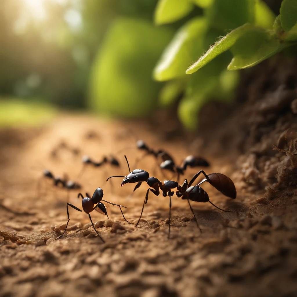 (best quality,4k,8k,highres,masterpiece:1.2),ultra-detailed,(realistic,photorealistic,photo-realistic:1.37),ant,scared,standing up,marching line of ants,forest,horizon,line of ants walking on the ground,green leaves,shadows,queen ant,ant hill,curiosity,brave ants,hive,forest floor,antennae,teamwork,organized,alert,small insects on the ground,tiny creatures,lush vegetation,earth tones,natural habitat,unity,adventure,exploration,looking out,collecting food,communication,community,lifecycle,hardworking ants,creeping through the forest,crisp details,exquisite nature scene,impressive depth,leafy trail,sumptuous colors,serene,peaceful ambiance,harmonious intertwining.