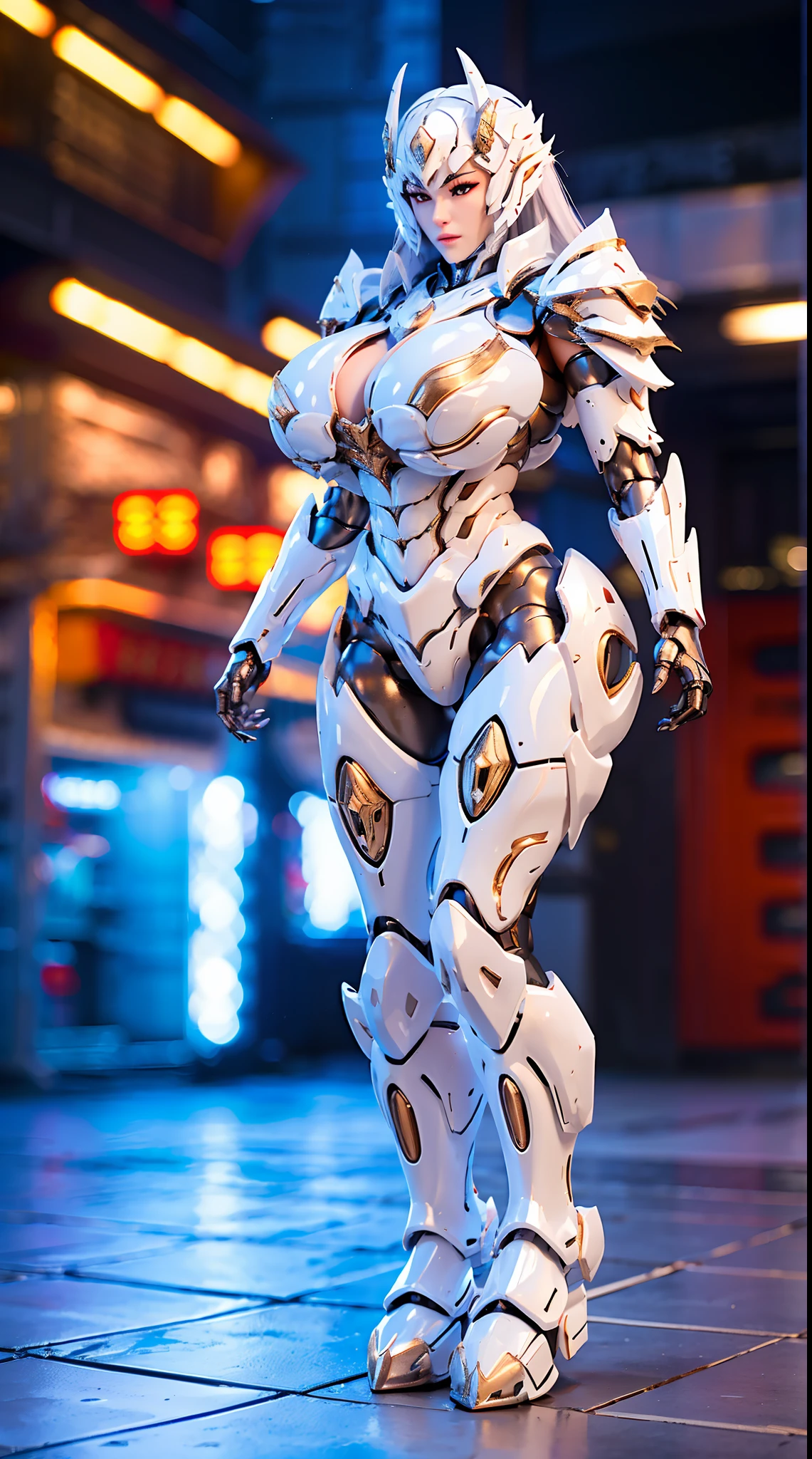 SILVER DRAGON QUEEN, HUGE BOOBS, MECHA HEAVY ARMOR, TRANSPARANT, STANDING, THICK BODY, MUSCLE ABS.