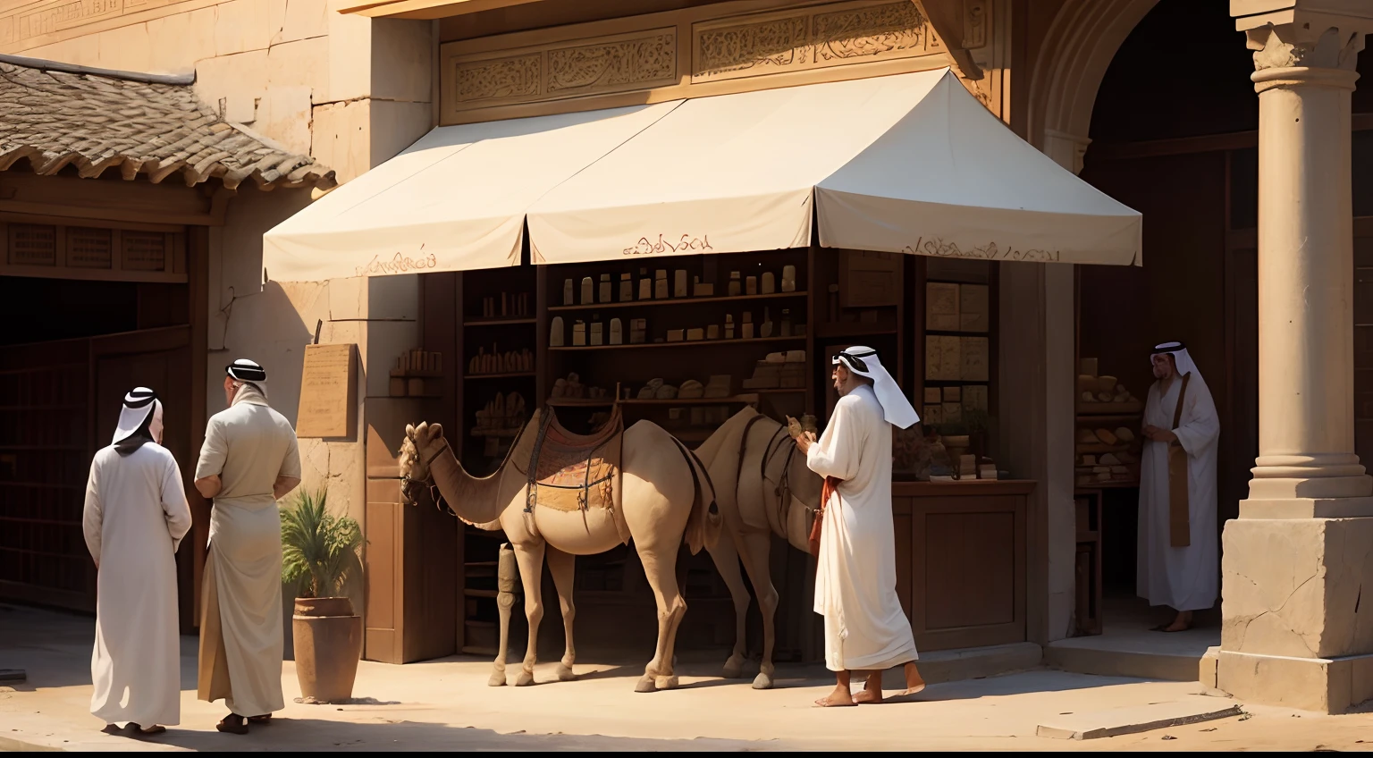 Arab traders, in ancient times, observing the sadness of a man next to his camel