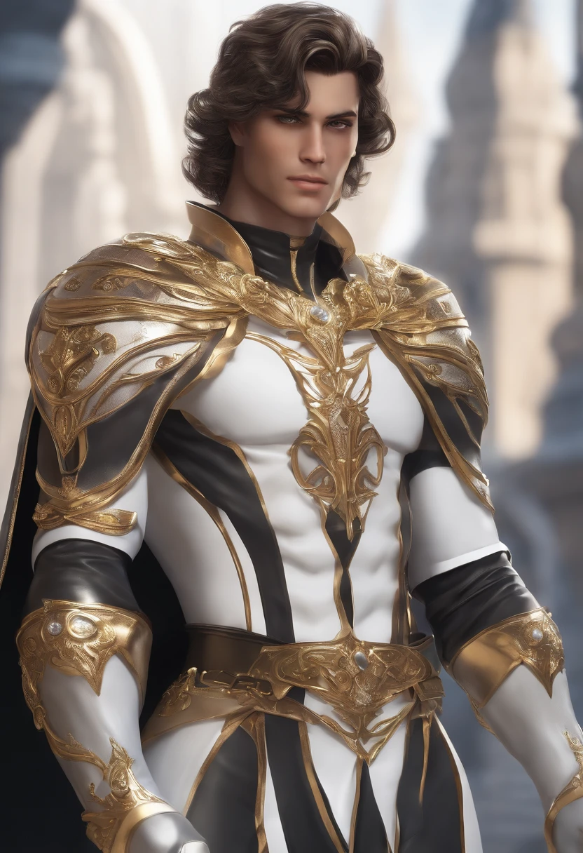 an anime superhero. one puch man, Man, vestido principalmente de branco, secondary silver colors, dourado e preto, em Cidade da Fantasia, altamente detalhado, arte digital, Olhando para o Viewer, estilo artstation, intrincate details, armadura pesada, magic sword
