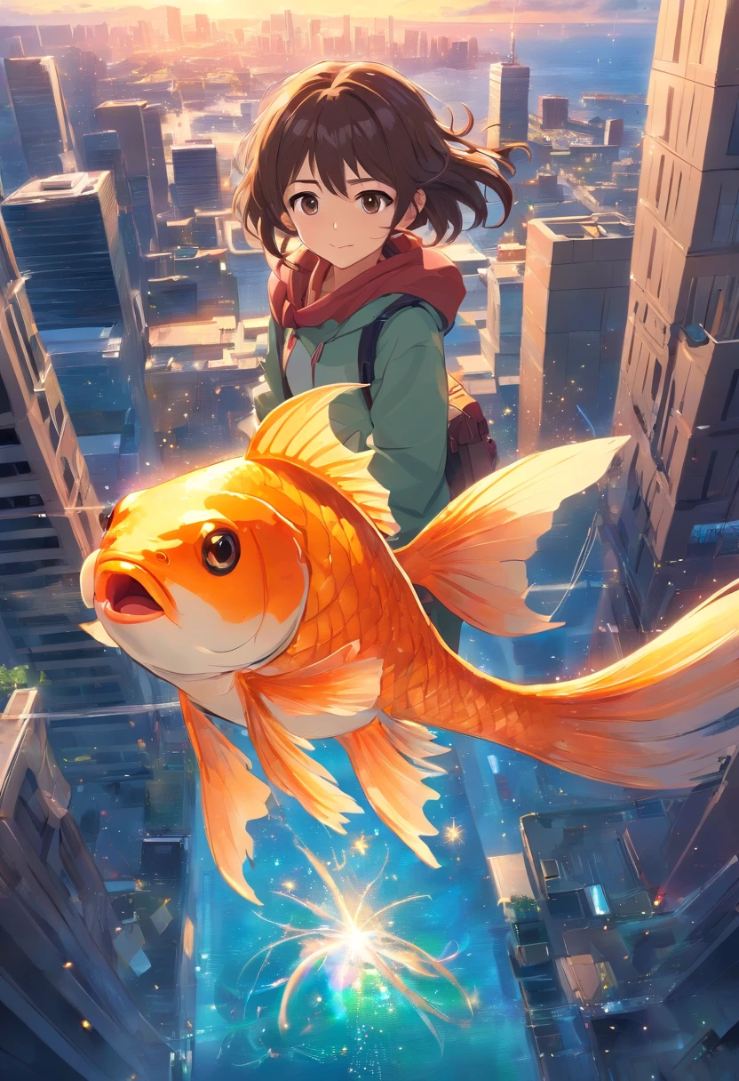Stars shine,Colorful,Huge goldfish float over the city,Huge tail,Cute and cute,KIDS ILLUSTRATION,Glow effects,Dingdall effect,depth of fields,high light,Real light,Ray traching,oc rendered,Hyper-realistic,best qualtiy,8K,Works of masters,super-fine,Detailed pubic hair,Correct anatomy