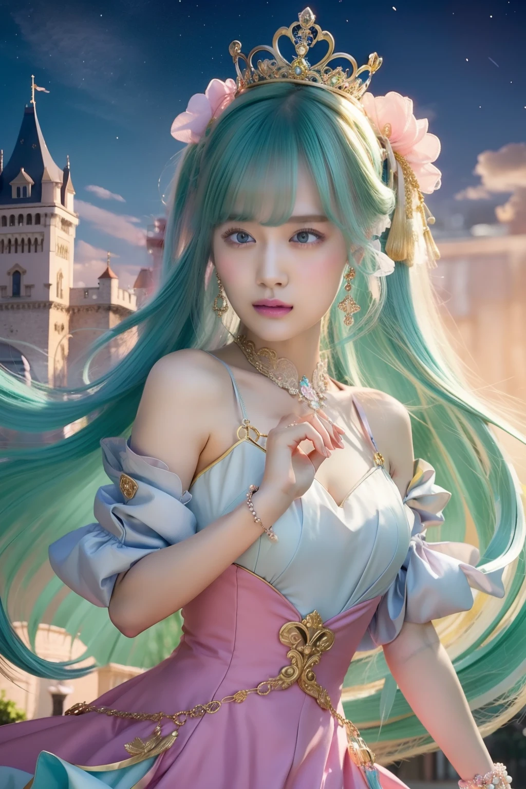 1girl in、(​masterpiece:1.1)、(top-quality:1.1)、pink  dress、Princess、BREAK[Green grass:pink there:0.5]theme、(Urban background:1.1)、denim lens、Break Silver、long、greeneye、Delicate golden tiara、sideways Facing、Blue hair、natta、abajour、Castles