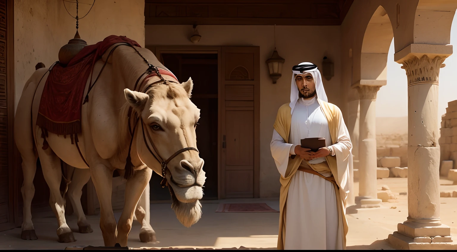 Arab man, in an ancient time, sad and thoughtful, next to a camel