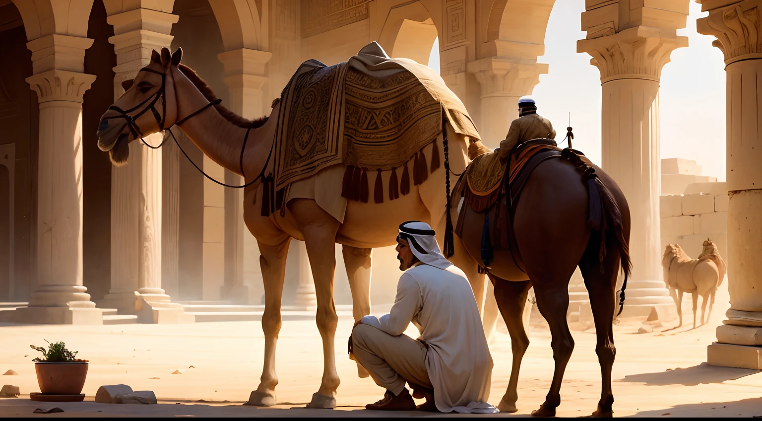 Arab man, in an ancient time, sad and thoughtful, next to a camel