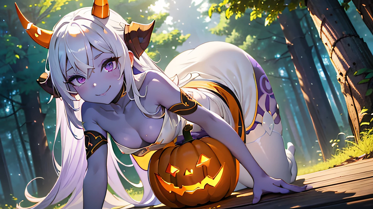 1girl,Soraka_Classic,body_tattoos,long hair,(small breasts),white hair,(yellow dress),tight dress,sleevless,(purple skin:1.4),colored skin,horn,1 horn,yellow horn,thicc,thick thighs,curvy,forest,magic forest,beautiful forest,day,sun light,smile,smiling,erotic expression,erotic face,smug,(jack-o' challenge:1.3), flexible, spread legs, top-down bottom-up,masterpiece,extremely detailed CG unity 8k wallpaper, best quality,32k,focus sharp,