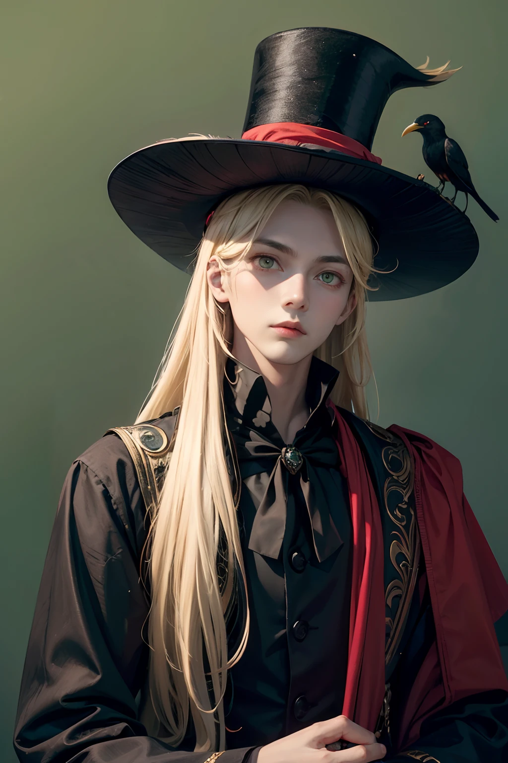 A young boy with long blonde hair, sparkling green eyes, and tanned skin. Perched on his shoulder is a black crow with red eyes. He is wearing a handsome black hat, resembling a top hat, and simple peasant attire.