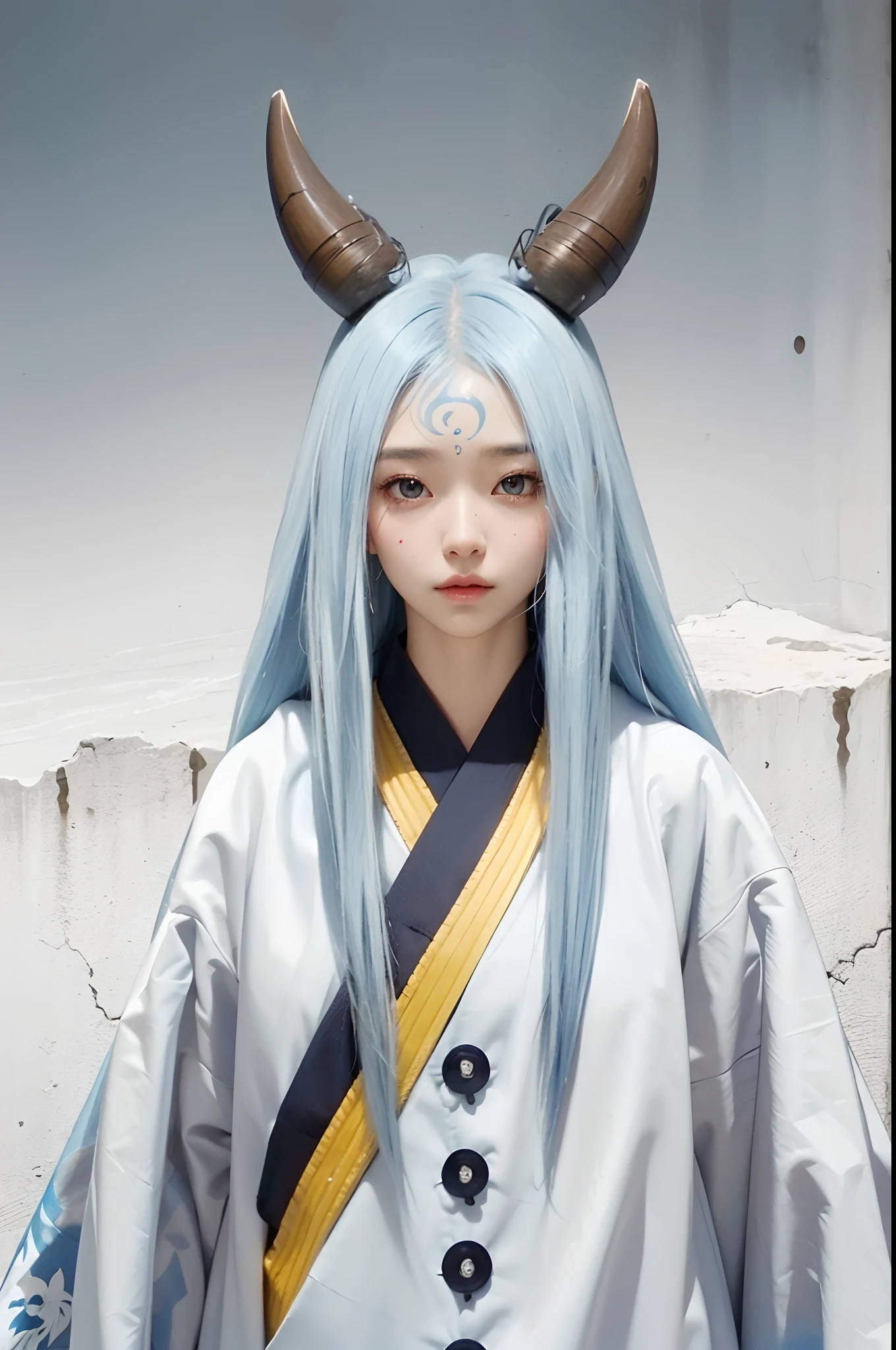 life adaption of this character, korean beauty face, realistic long hair light blue with brown horn in his head, realistic outfit wearing kimono ,realistic light, realistic shadow, hyper realistic, realism,(photorealistic:1.2),, white skin, realistic background,(remove tatto on head)