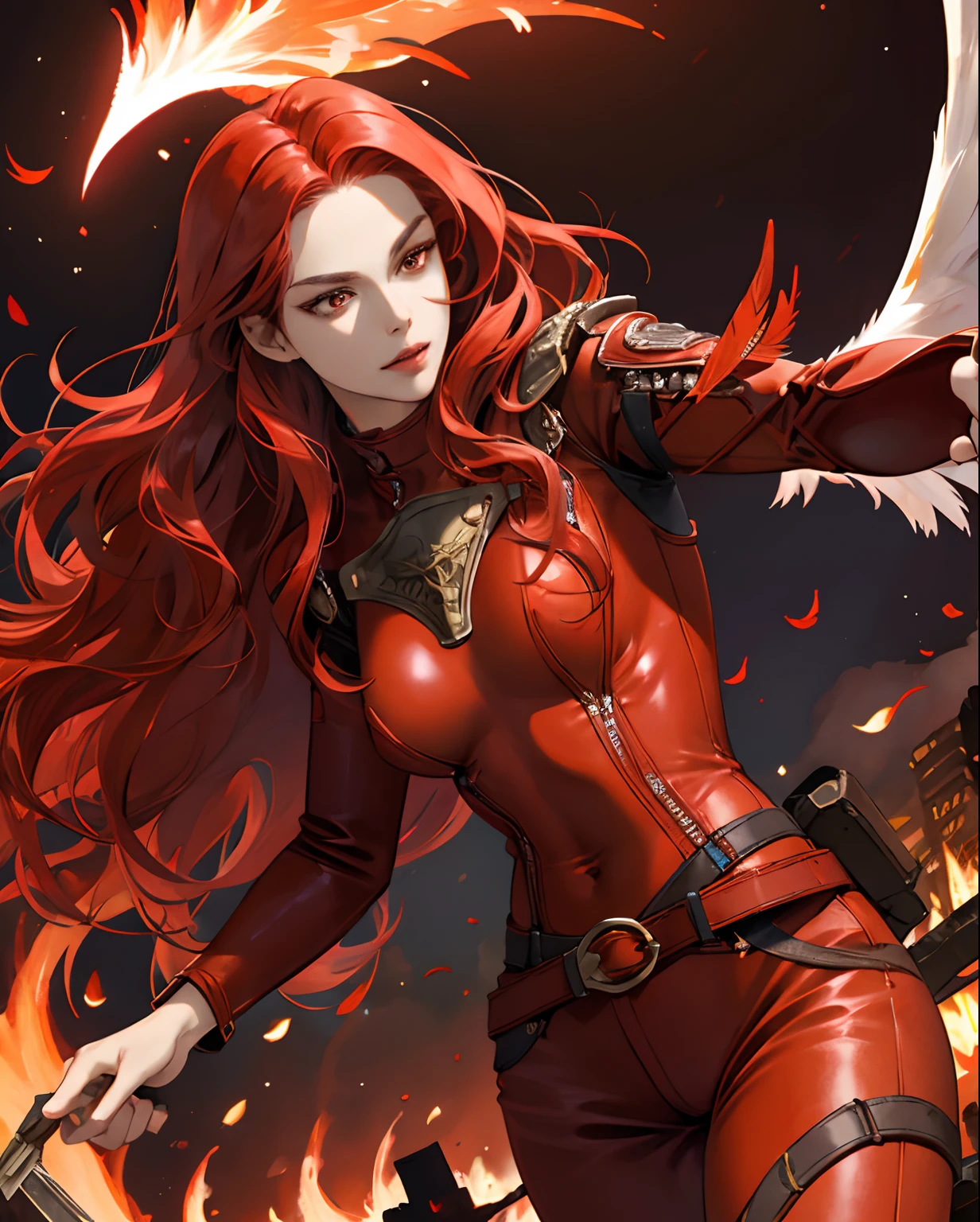 a cool，20th generation female，long red wavy hair，Red leather，body suit，ornamented，a belt，breastsout，glareing，With keen eyes，realistic illustration，Ruined city，loimu，Wings of Flame，fluttering feathers
