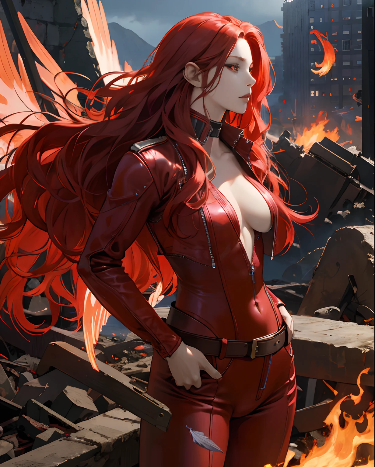 a cool,20th generation female,long red wavy hair,Red leather,body suit,ornamented,a belt,breastsout,glareing,With keen eyes,realistic illustration,Ruined city,loimu,Wings of Flame,fluttering feathers