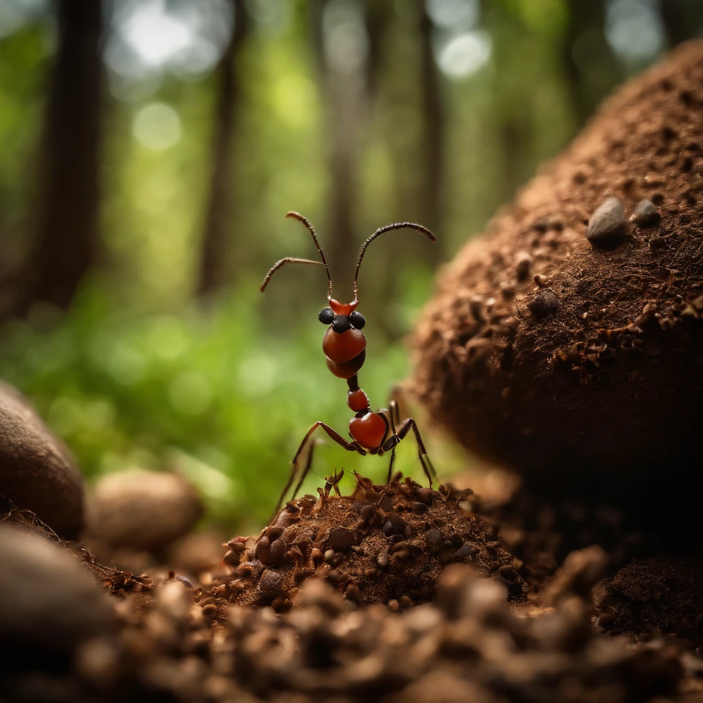 Ant standing in an anthill in the forest.(Formiga)(pedra) with a stone on his head.