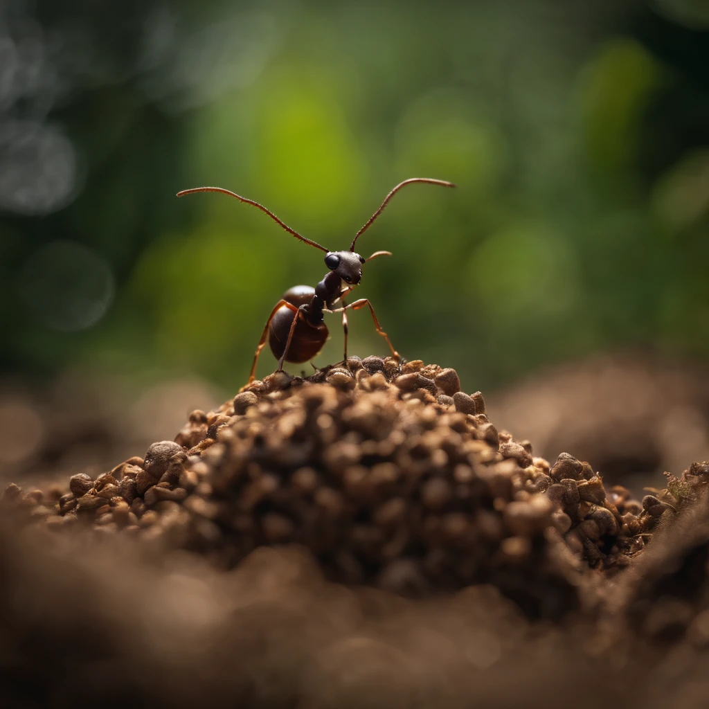 Ant standing in an anthill in the forest.(Formiga)(pedra) with a stone on his head.