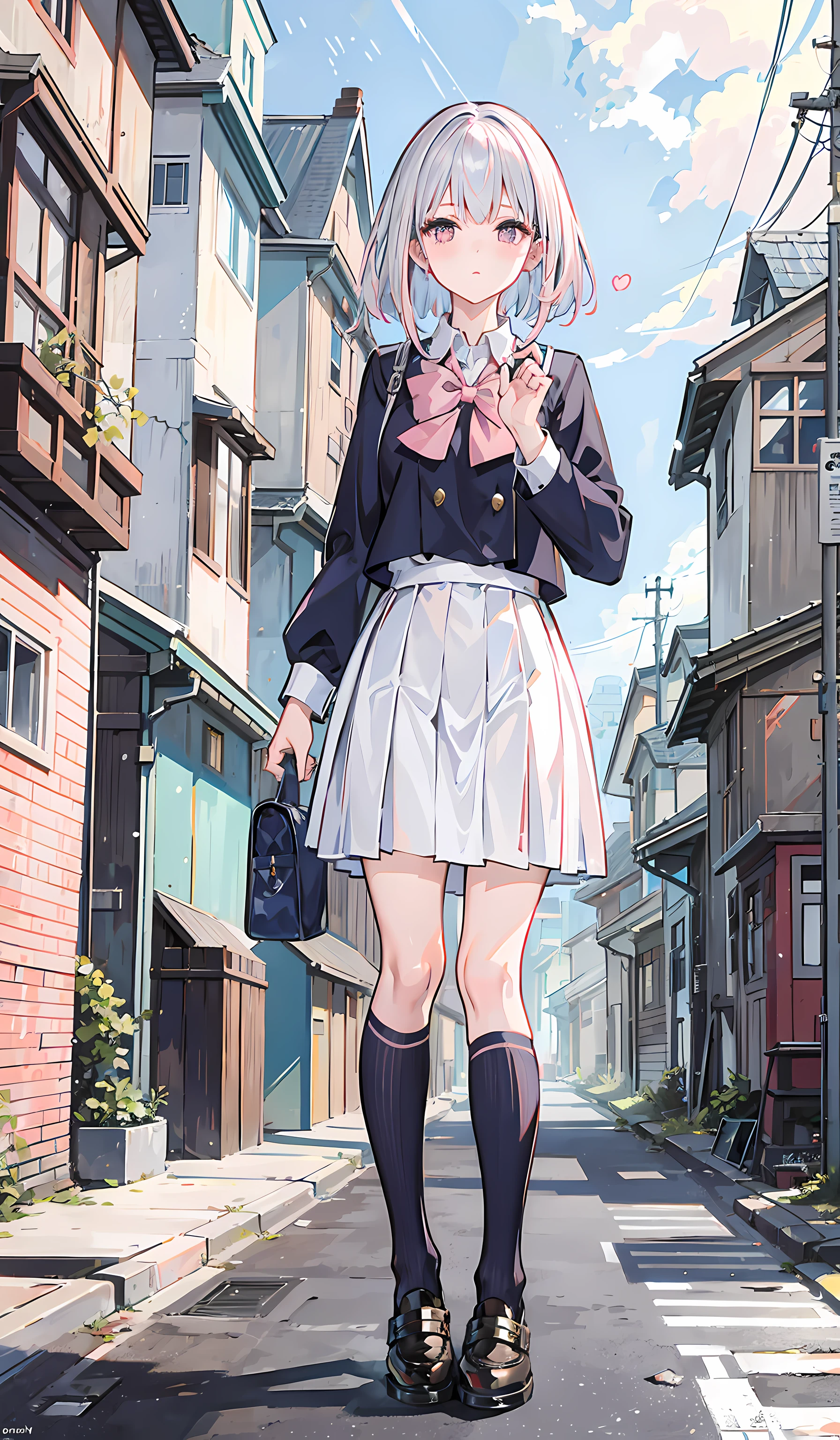 the city street,feater,The girl wears a school uniform,Stand in the city square,poss,Delicate facial features,Beautiful looks,Pink lips,Silvery hair,Contre-Jour,scribble art,outside,Dilapidated house,Cracked streets