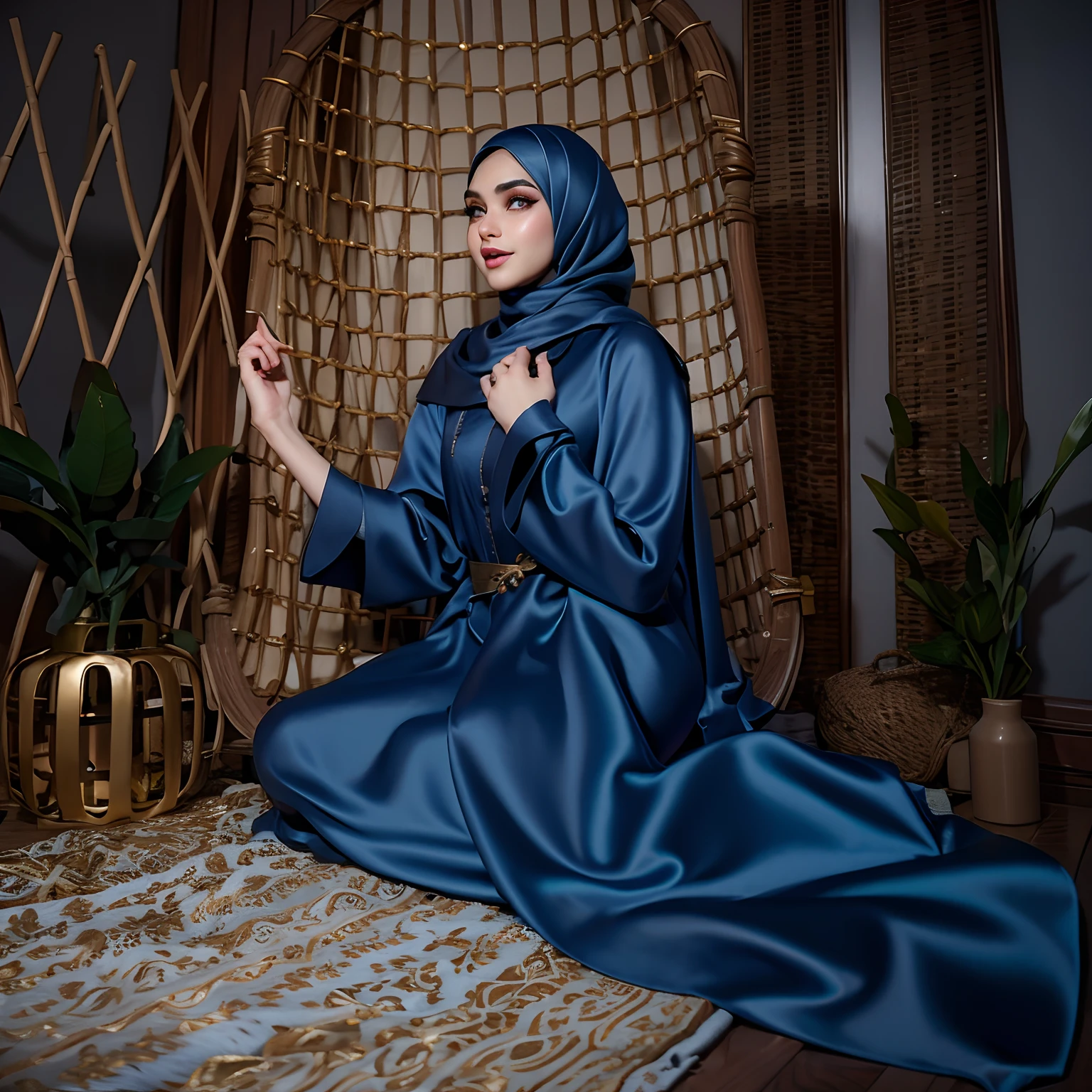 3dmm style, Masterpiece, best quality, photography, detailed skin, realistic, photo-realistic, 3D Character Design, pixar, real cartoon, 8k, highly detailed, full length frame, High detail RAW color art, diffused soft lighting, shallow depth of field, sharp focus, hyperrealism, cinematic lighting, ((close up)) hijab, a woman, beautifully makeup, brown beautiful big eyes, long eye lashes, wearing (Dark blue satin hijab), loosely tide hijab style, ((gray satin kaftan dress))