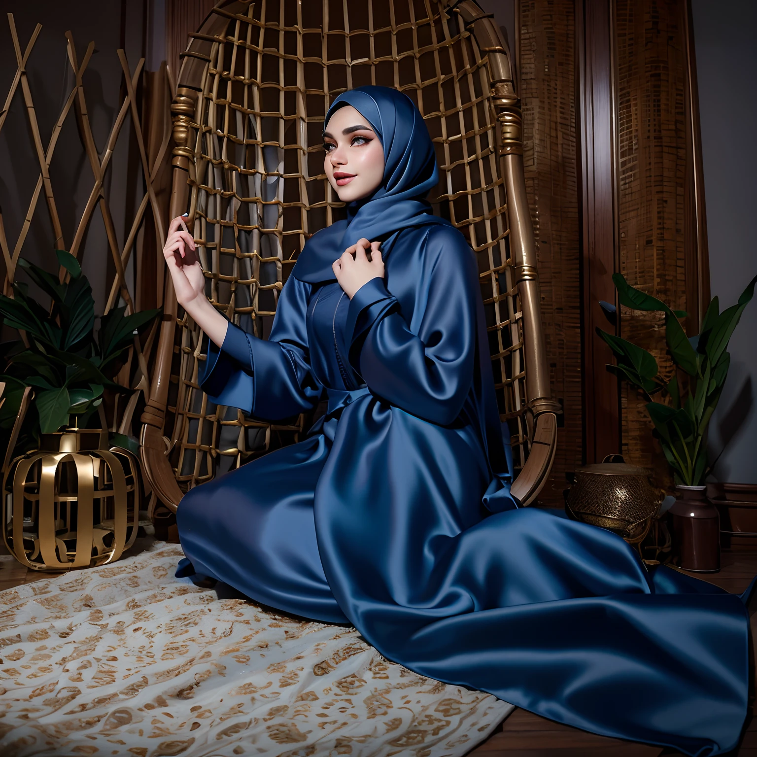 3dmm style, Masterpiece, best quality, photography, detailed skin, realistic, photo-realistic, 3D Character Design, pixar, real cartoon, 8k, highly detailed, full length frame, High detail RAW color art, diffused soft lighting, shallow depth of field, sharp focus, hyperrealism, cinematic lighting, ((close up)) hijab, a woman, beautifully makeup, brown beautiful big eyes, long eye lashes, wearing (Dark blue satin hijab), loosely tide hijab style, ((gray satin kaftan dress))