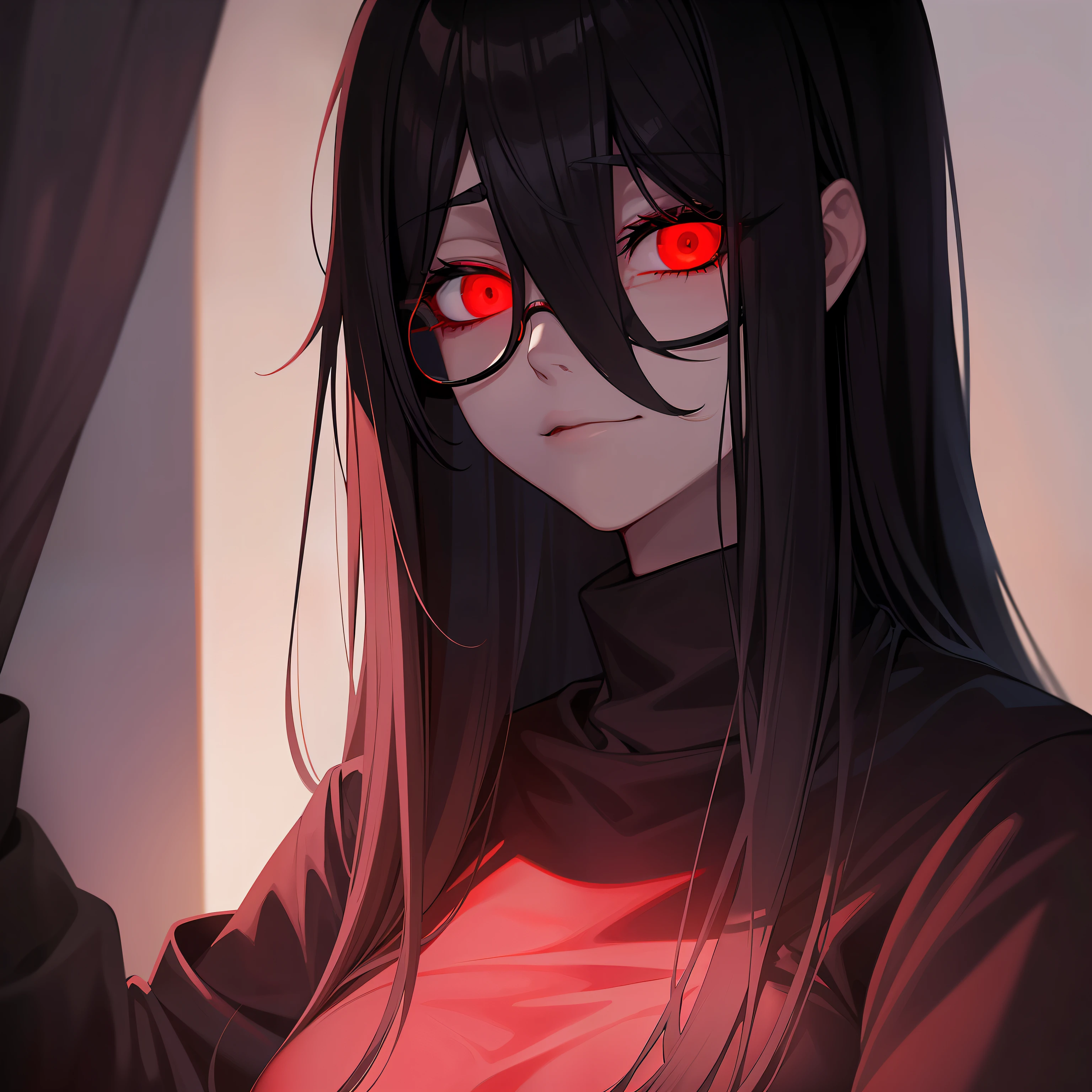 painting of a woman with a black top and red glasses, shadowy and eerie character, eerie art style, with black eyes, with red glowing eyes, with glowing red eyes, eerie and grim art style, with haunted eyes and dark hair, inspired by Junji Ito, haunted and sad expression, eerie person, ( ( deep black eyes ) ), ito junji art