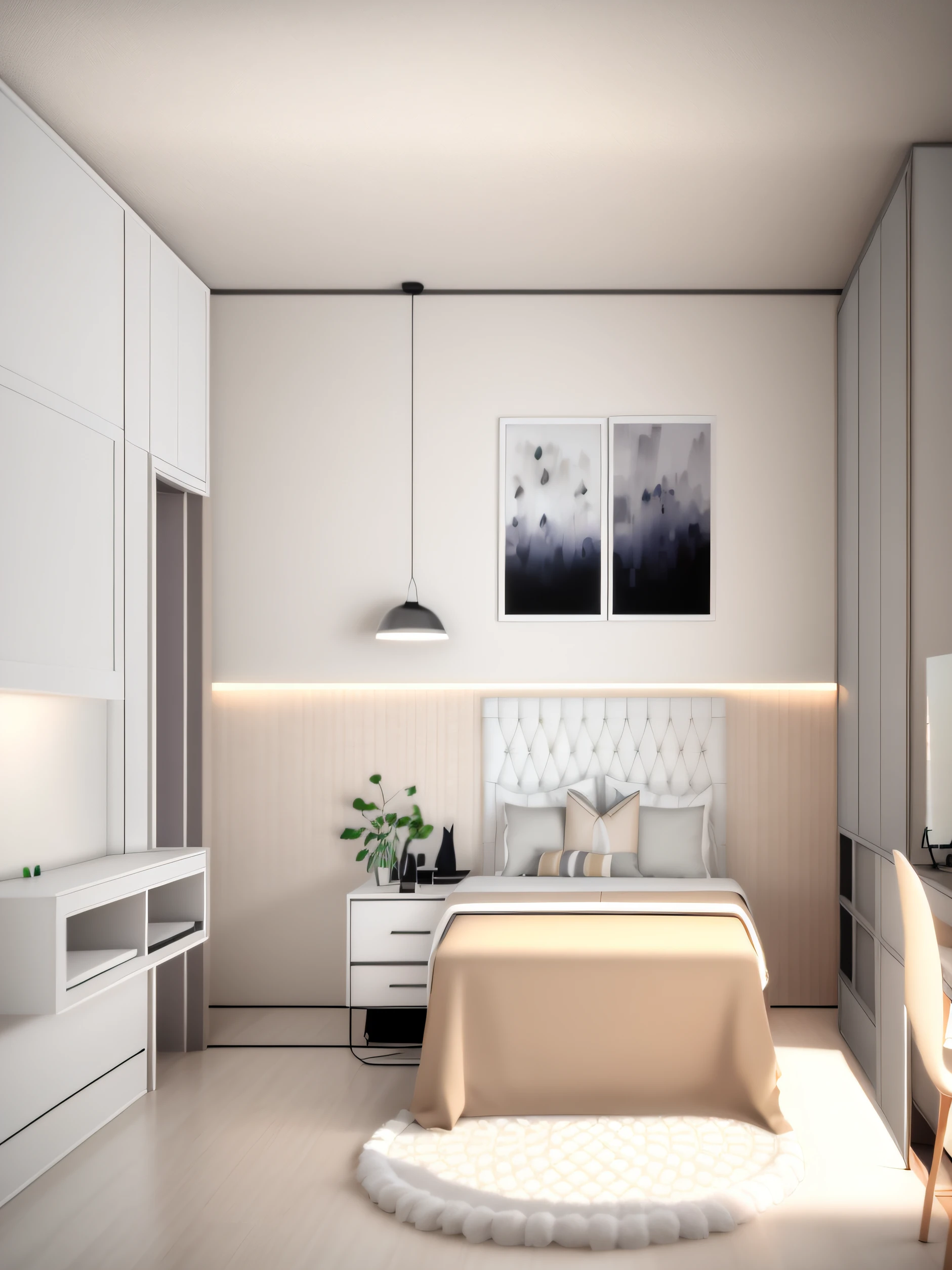 Vista arafed de um quarto com uma cama, mesa, and television, dentro de um quarto, Renderizando no Enscape, interior do quarto, 2 d render, Apartamento 2 D, quarto de cama, interior do quarto, Quarto pequeno, enscape render, Quarto pequeno, Quarto escuro, DESIGN DE INTERIORES, 3 d renders, quarto, digital render, 3D-rendering, 3D rendering