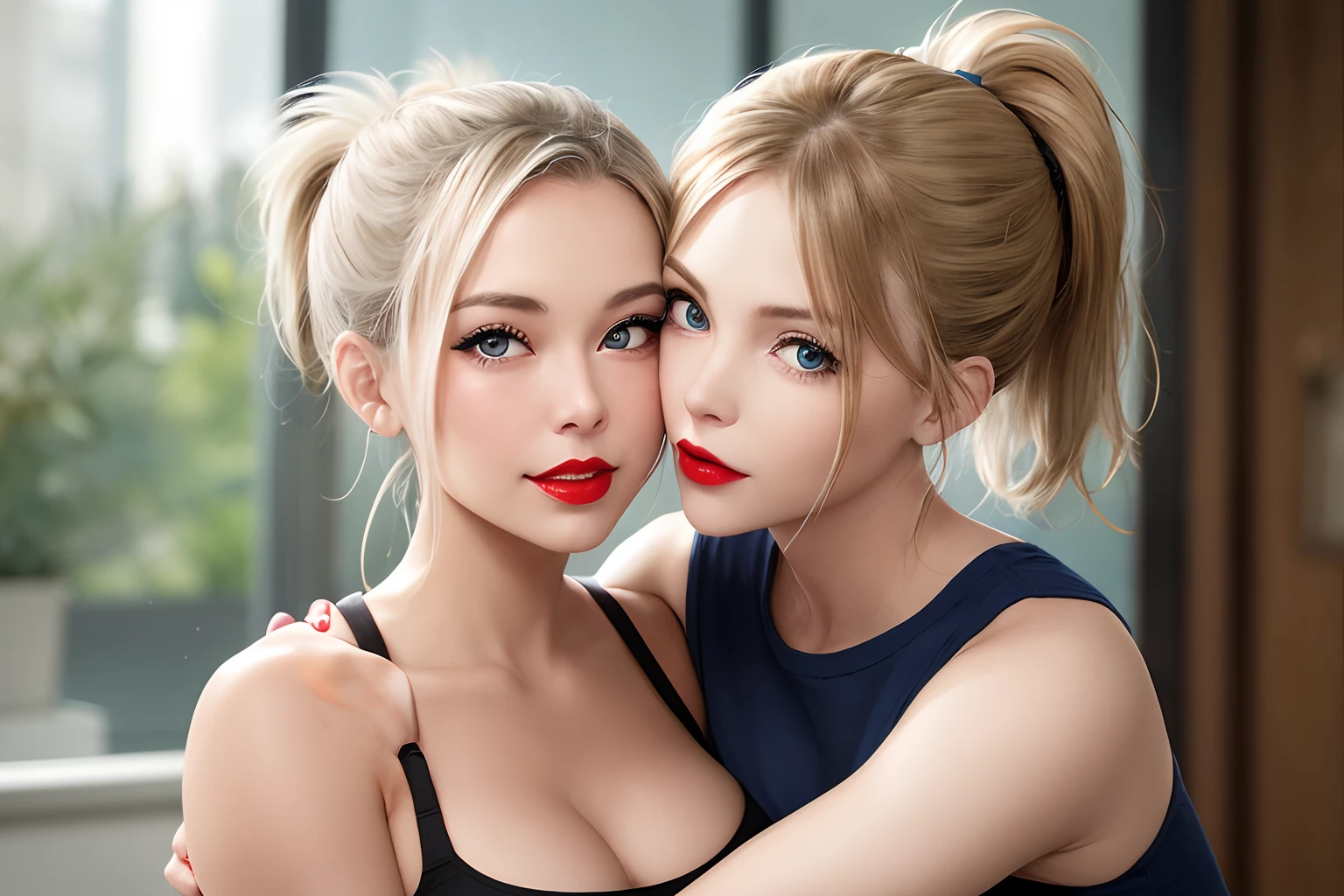 girl with chipmunk like face posing on a bad and hug her girlfriend, brusher, long eyelashes, blue eyes, messy ponytail blonde hair, large red lips, face muscle lines, big tits, round ass, teen sluts, photo