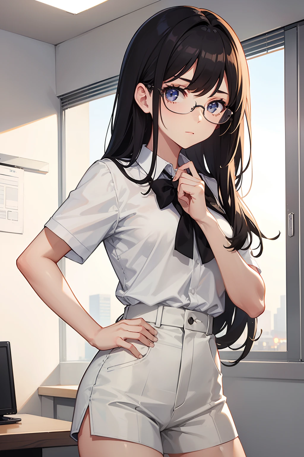 1 girl, Elegant, Beautiful, White shirt, Black Short Pencil Shorts, Slim body, Long hair, Short sleeves, Glasses, Office, Sunset、