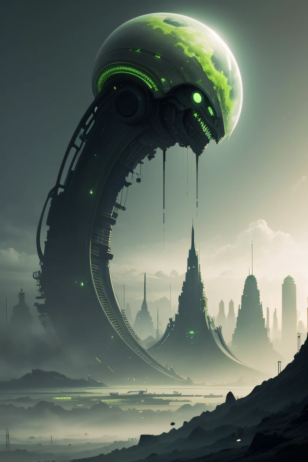 a city of realistic alien plants on a hostile and gloomy planet, the atmosphere is humid and cold, the dominant colors are green and black. it's almost macabre