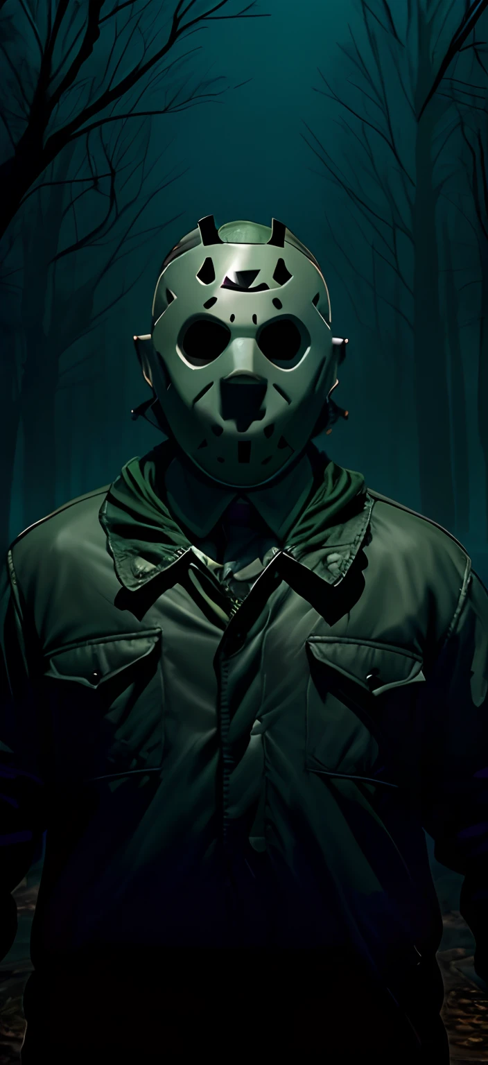 Image of a man with a green jacket and a mask, Jason Voorhees, JASON, inspirado em Jason Edmiston, inspirado em Clark Voorhees, Lago Cristal, personagens de filmes de terror, arte de terror digital, slasher filme de terror, hockey mask, Arte em destaque, arte de terror 4k detalhada, Arte de terror, Directed by: Clark Voorhees
