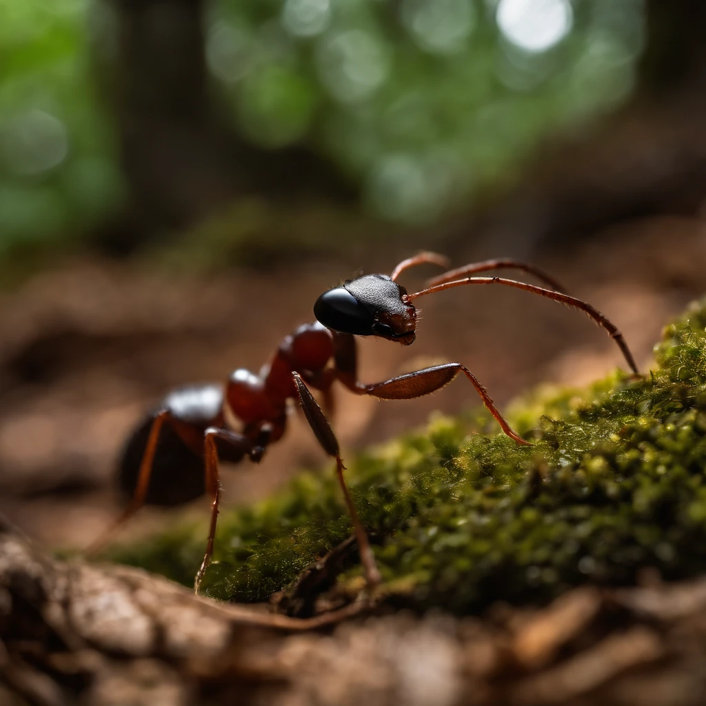 Ant standing in a forest.(formiga)(pedra) carregando uma pedra da metade do seu tamanho. com fundo de floresta