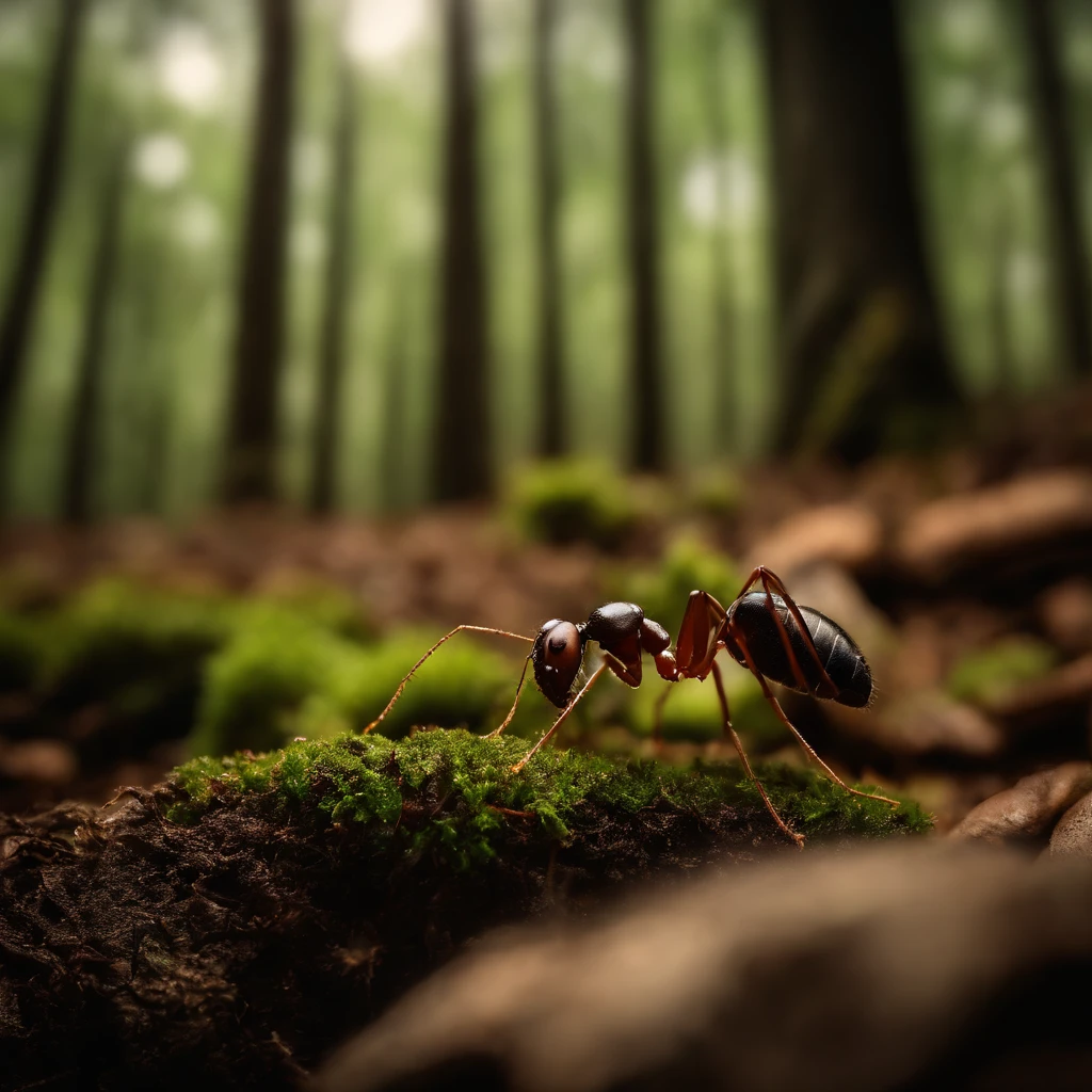 Ant standing in a forest.(formiga)(pedra) carregando uma pedra da metade do seu tamanho. com fundo de floresta