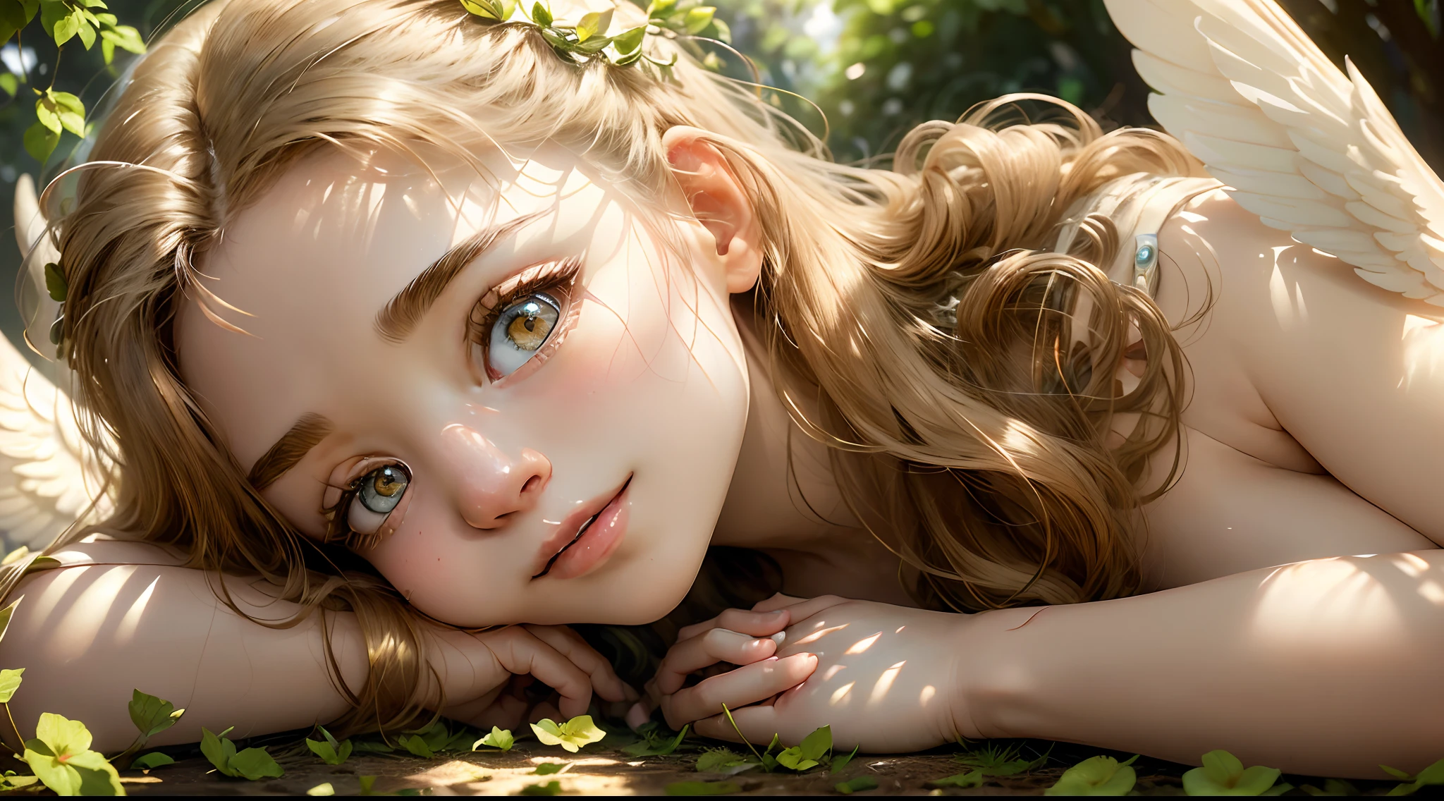 (high-res),(best quality),(realistic),(detailed),(portrait),(angelic),(serene),(optimistic),girl's face,beautiful detailed eyes,beautiful detailed lips,angelic wings,hands holding a bright torch,symbol of hope,garden background,lush greenery,soft sunlight,captivating smile,vivid colors,subtle glow,sense of tranquility,hopeful atmosphere
