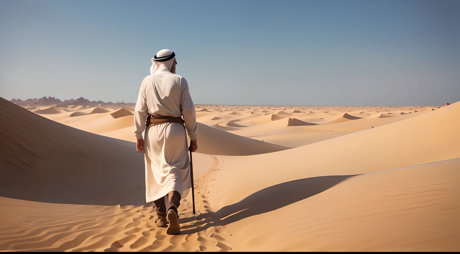 In an ancient time, a weak and elderly man, walking in the Arabian desert, alone