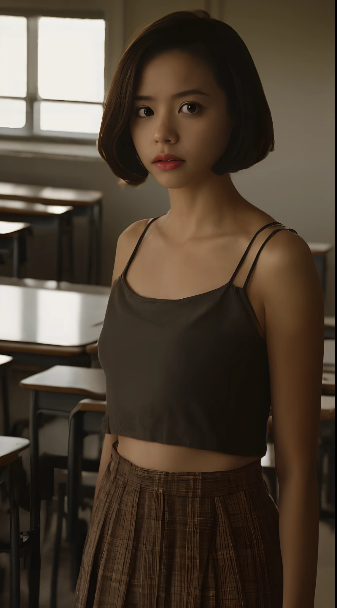 Robert Downey as a 16 year old girl, spaghetti strap tank top, tiny skirt, very fair skin, Robert Downey haircut, mustache and goatee, school, classroom, indirect lighting, volumetric light, hyper-detailed, captured by Panavision Panaflex Platinum