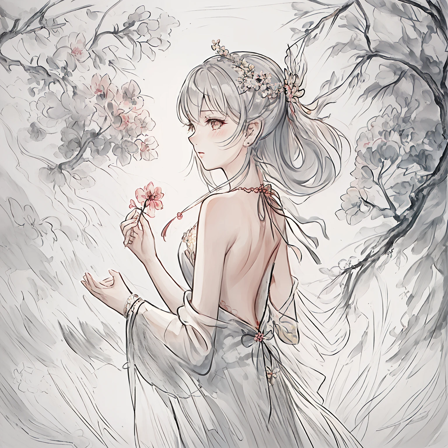 (((masterpiece))),(((best quality))),((ultra-detailed)), ((illustration)),floating, ((an extremely delicate and beautiful)),(beautiful detailed eyes),((disheveled hair)), (painting),(sketch), 1girl, small_breasts,((neck)),(((back))),(looking back), blush,dhalter dress, sliver hair,backless dress