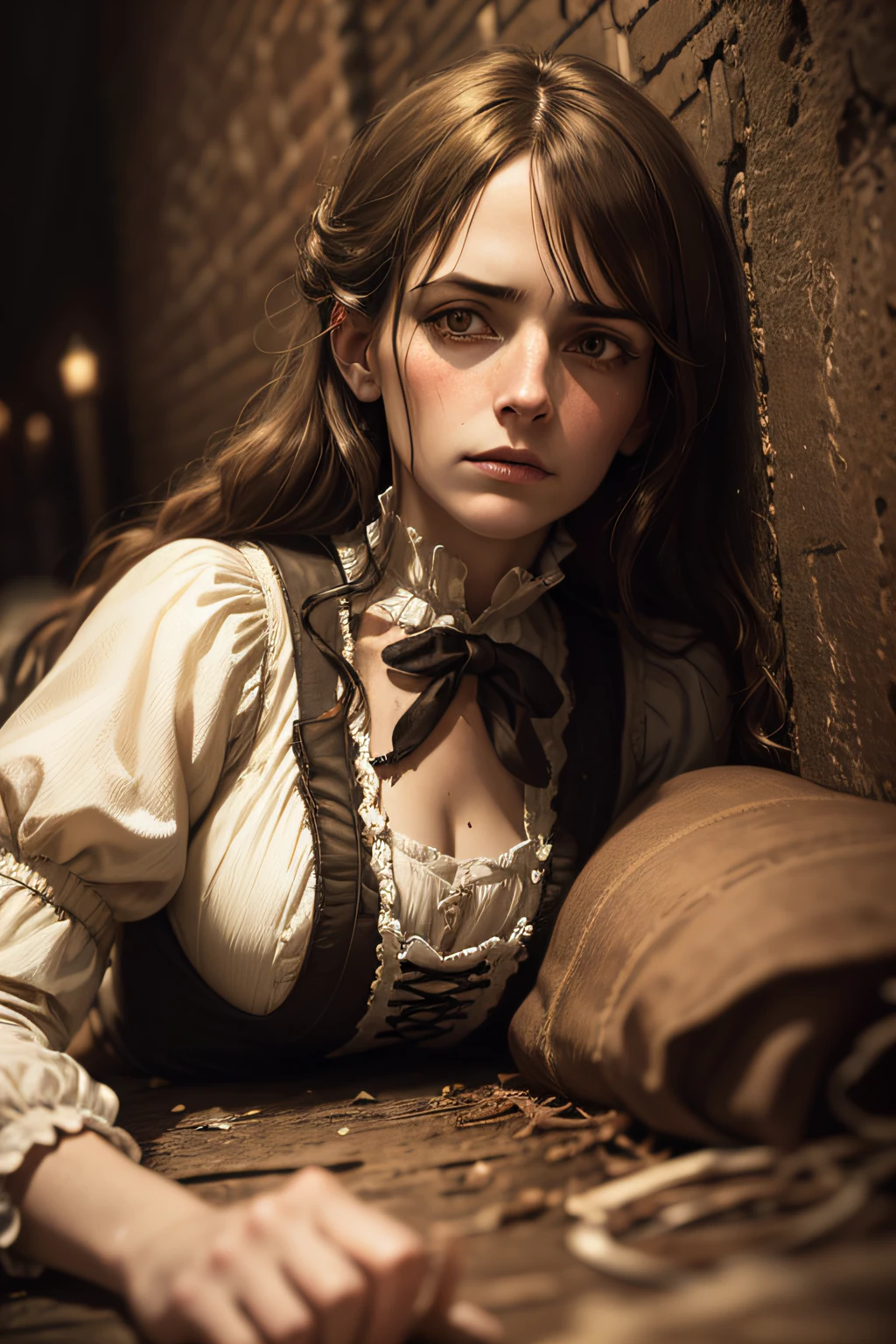 (best quality,highres),portrait,Victorian era,woman,Mary Ann Nichols,period costume,lying on the ground,found dead,mutilated body,dark alley,realistic,moody lighting,gritty atmosphere,authentic details,sepia tones,painting-like texture,emotive expression,haunting ambiance