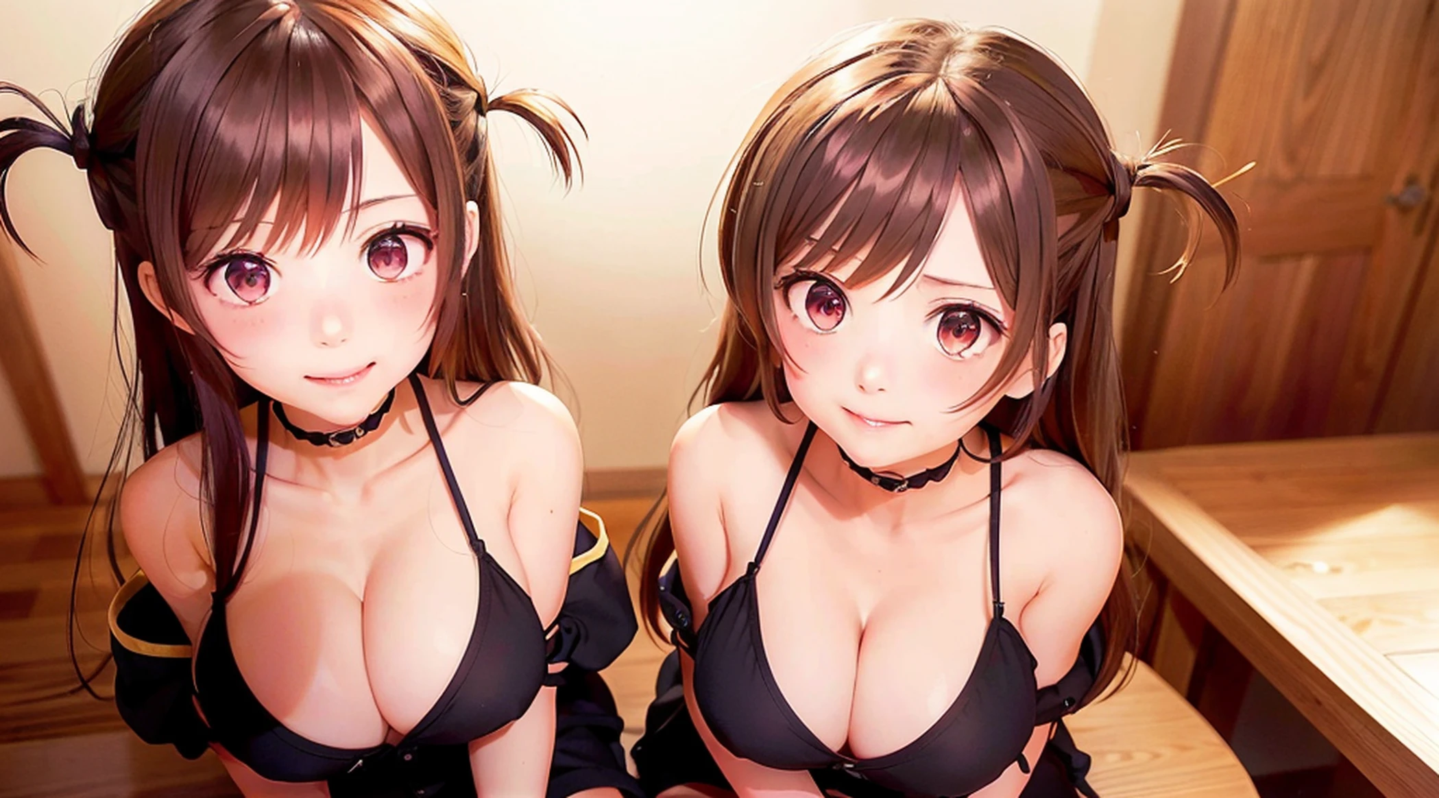Anime images of two girls in uniform, Ecchi anime style, oppai, Twin-tailed, Big breasts!!, Ecchi style, Big breasts!, Kantai Collection Style, Ecchi, with a big chest, Anime Girls, anime maids riding early tanks, Teasing smile, shipgirls, anime moe art style, small curvy