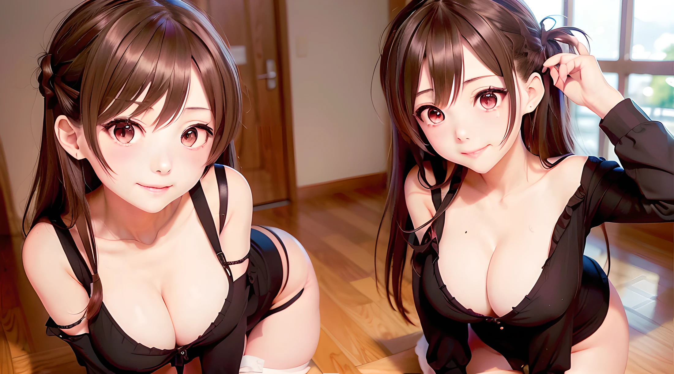 Anime images of two girls in uniform, Ecchi anime style, oppai, Twin-tailed, Big breasts!!, Ecchi style, Big breasts!, Kantai Collection Style, Ecchi, with a big chest, Anime Girls, anime maids riding early tanks, Teasing smile, shipgirls, anime moe art style, small curvy 