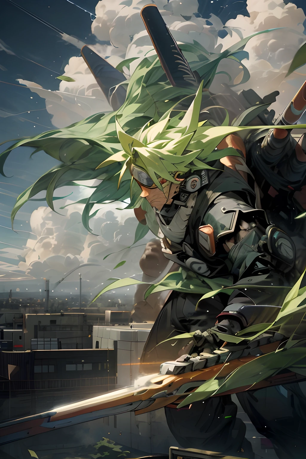 sky, cloud, holding_weapon, glowing, robot, building, glowing_eyes, mecha, science_fiction, city, realistic,mecha, Naruto Uzumaki, sage of six paths, sonic boom