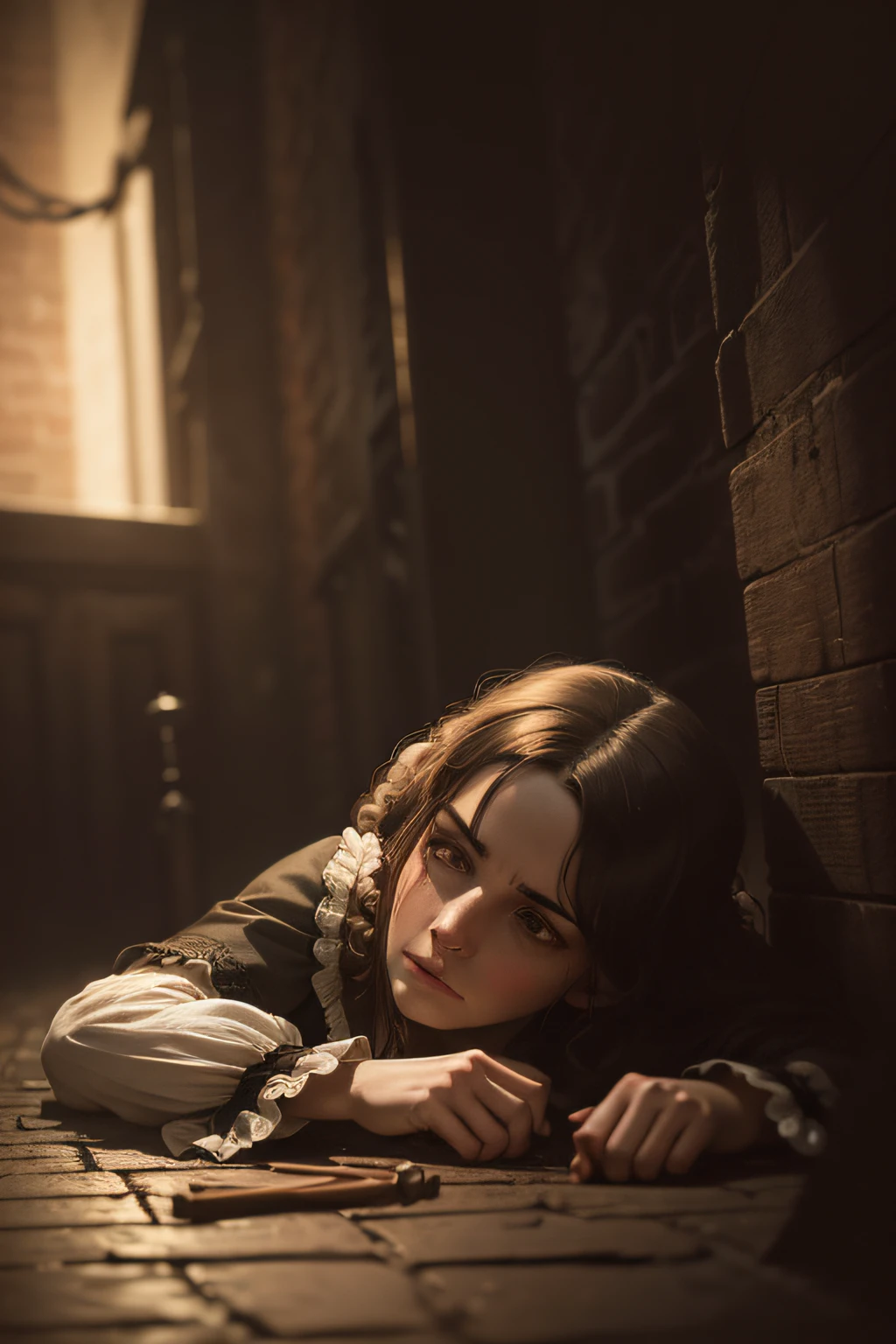 (best quality,highres),portrait,Victorian era,woman,Mary Ann Nichols,period costume,lying on the ground,found dead,mutilated body,dark alley,realistic,moody lighting,gritty atmosphere,authentic details,sepia tones,painting-like texture,emotive expression,haunting ambiance