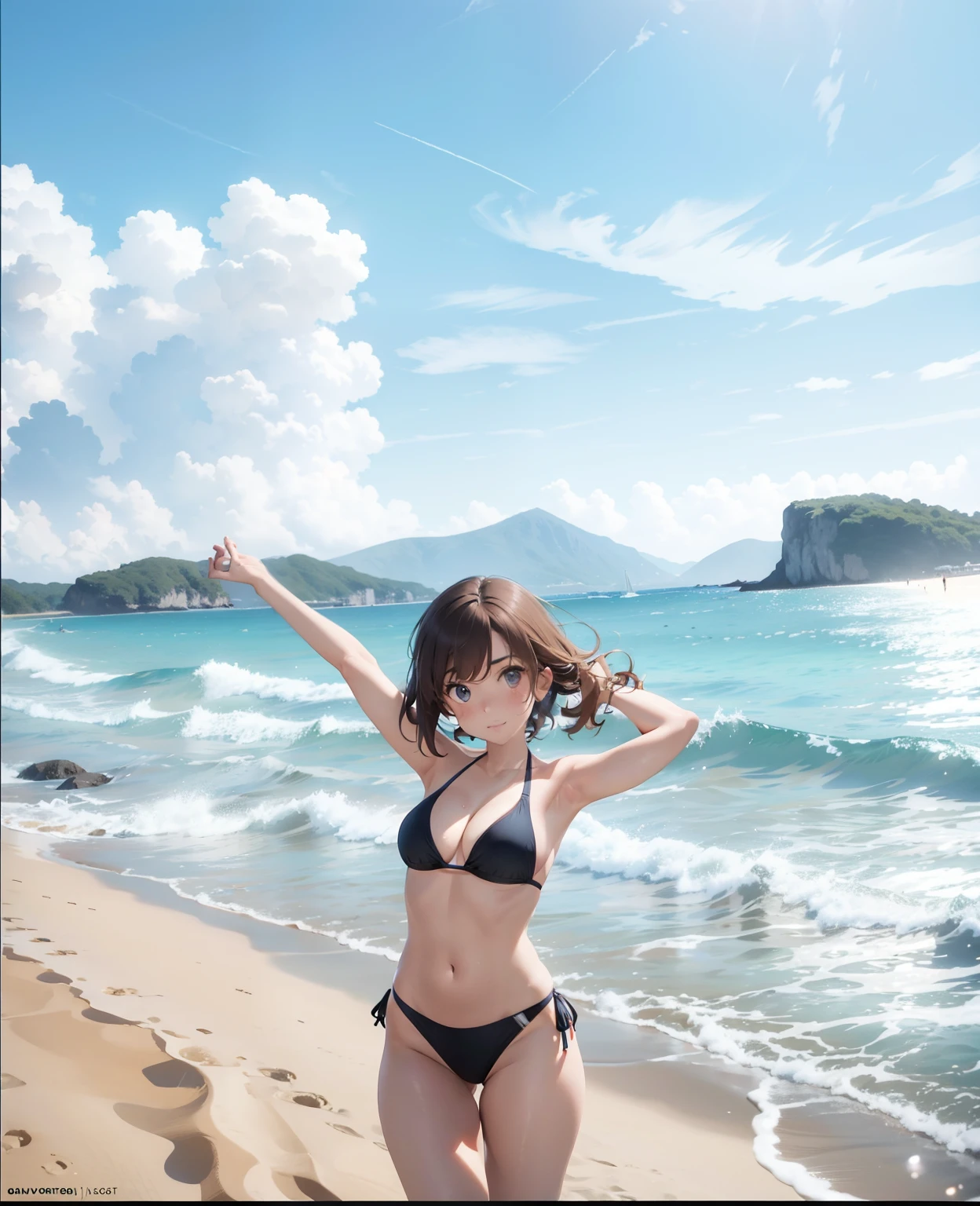 woman in a bikini posing on the beach with her arms outstretched, in bikini, in a bikini, wearing two - piece swimsuit, posing on a beach with the ocean, full body shot in bikini, wearing a bikini, posing on the beach, amouranth, better known as amouranth, bikini model, young beautiful amouranth, in the beach