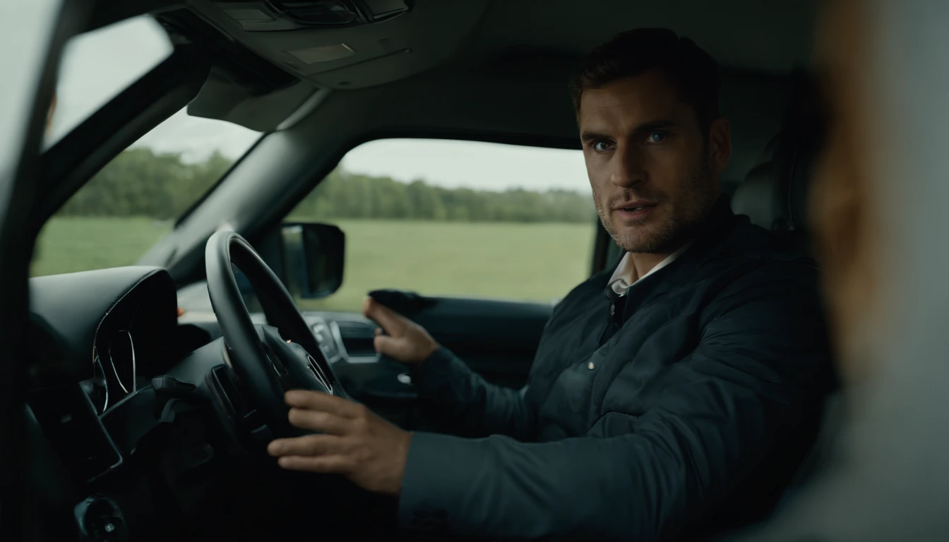 Create an image of a Inside a Mercedes Vito we see its driver, a 30-year-old European man wearing work clothes, he is driving to deliver door-to-door orders Image must be in 8K UHD resolution, photo inside off the van from driver site taken with a Fujifilm XT3 camera.