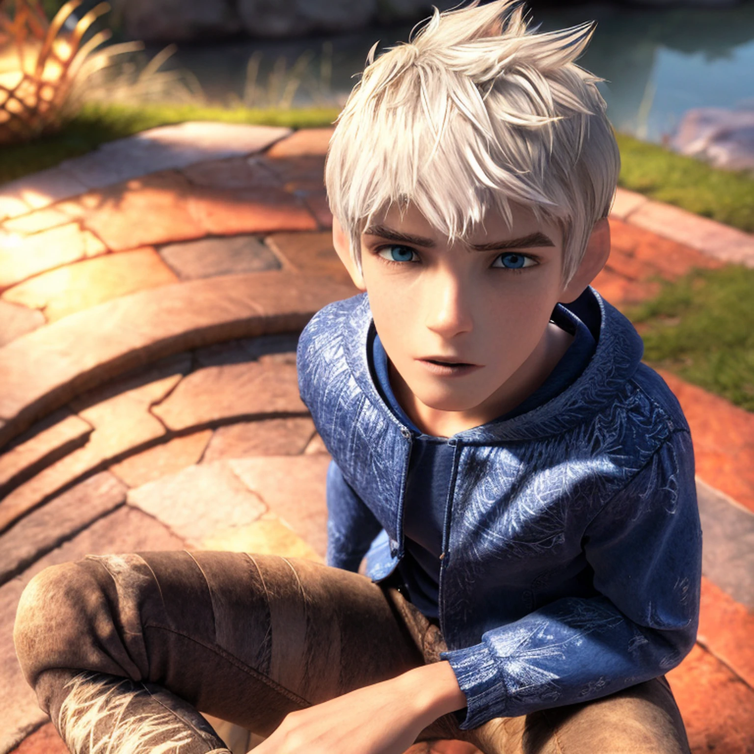 beautiful, masterpiece, simple background, best quality, detailled image, colorfull, vibrant colors,
1boy, Jack_Frost, solo, short hair, blue eyes, Shock,
((brunette, crown, denim jacket)),
skindentation, detailed face, male focus, perfect eyes, full body, 
outdoors, nature, sitting on the edge of the roof,
realistic, 3d, Cartoon,