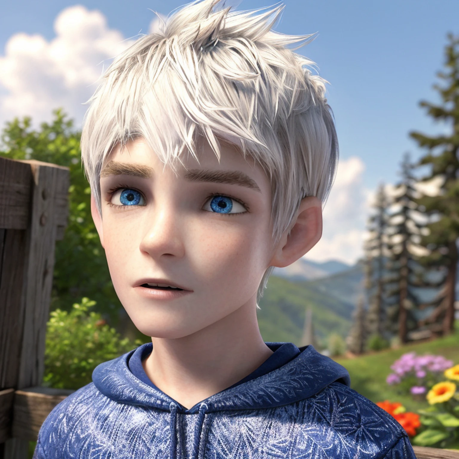 beautiful, masterpiece, simple background, best quality, detailled image, colorfull, vibrant colors,
1boy, Jack_Frost, solo, short hair, blue eyes, Shock,
((brunette, crown, denim jacket)),
skindentation, detailed face, male focus, perfect eyes, full body, 
outdoors, nature, sitting on the edge of the roof,
realistic, 3d, Cartoon,