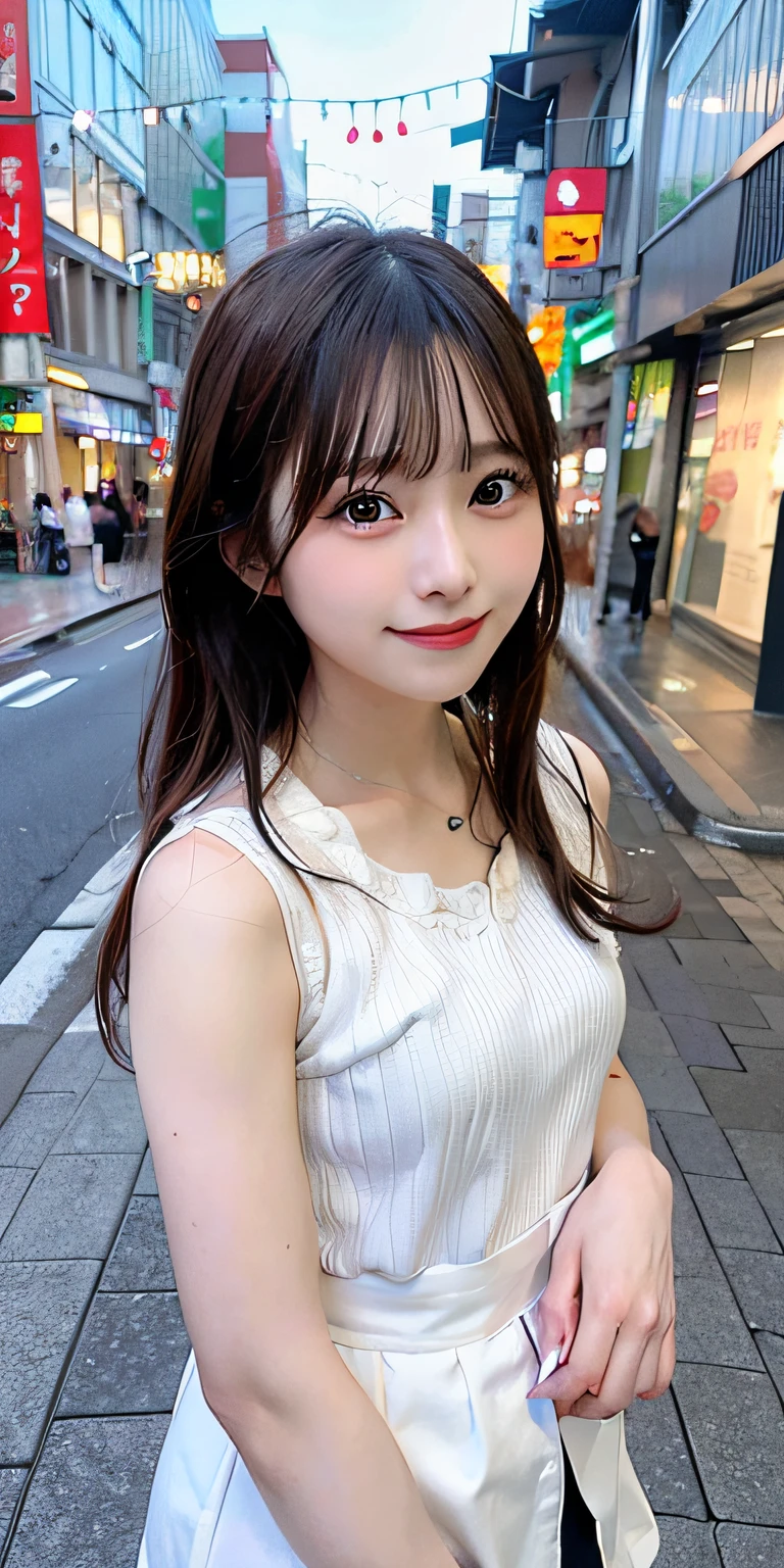 masterpiece, best quality, illustration, ultra-detailed, finely detailed, high resolution, 8K wallpaper, perfect dynamic composition, beautiful detailed eyes, summer blouse setup clothes, medium hair, small breasts, natural color lips, bold sexy poses, smile, Harajuku, 18 years old girl, cute, sexy shot, looking at camera