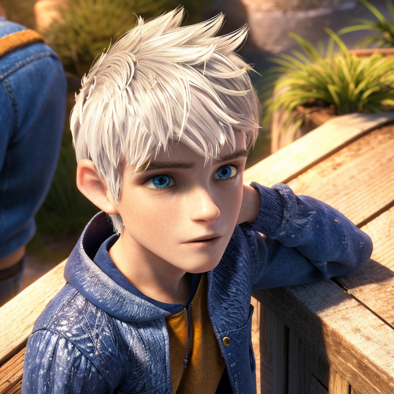 beautiful, masterpiece, simple background, best quality, detailled image, colorfull, vibrant colors,
1boy, Jack_Frost, solo, short hair, blue eyes, Shock,
((brunette, crown, denim jacket)),
skindentation, detailed face, male focus, perfect eyes, full body, 
outdoors, nature, sitting on the edge of the roof,
realistic, 3d, Cartoon,