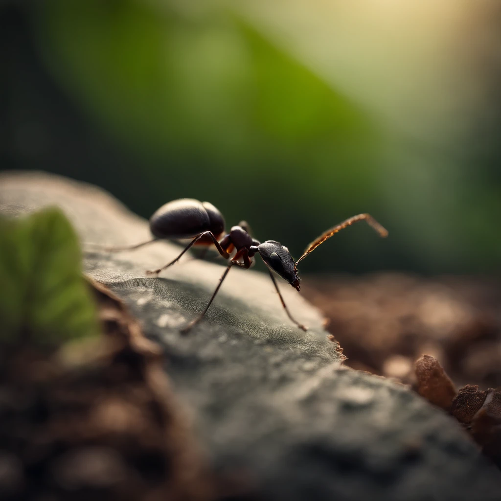 an ant standing on a piece of leaf,carregando uma pedra grande, formiga forte, with stone in arms