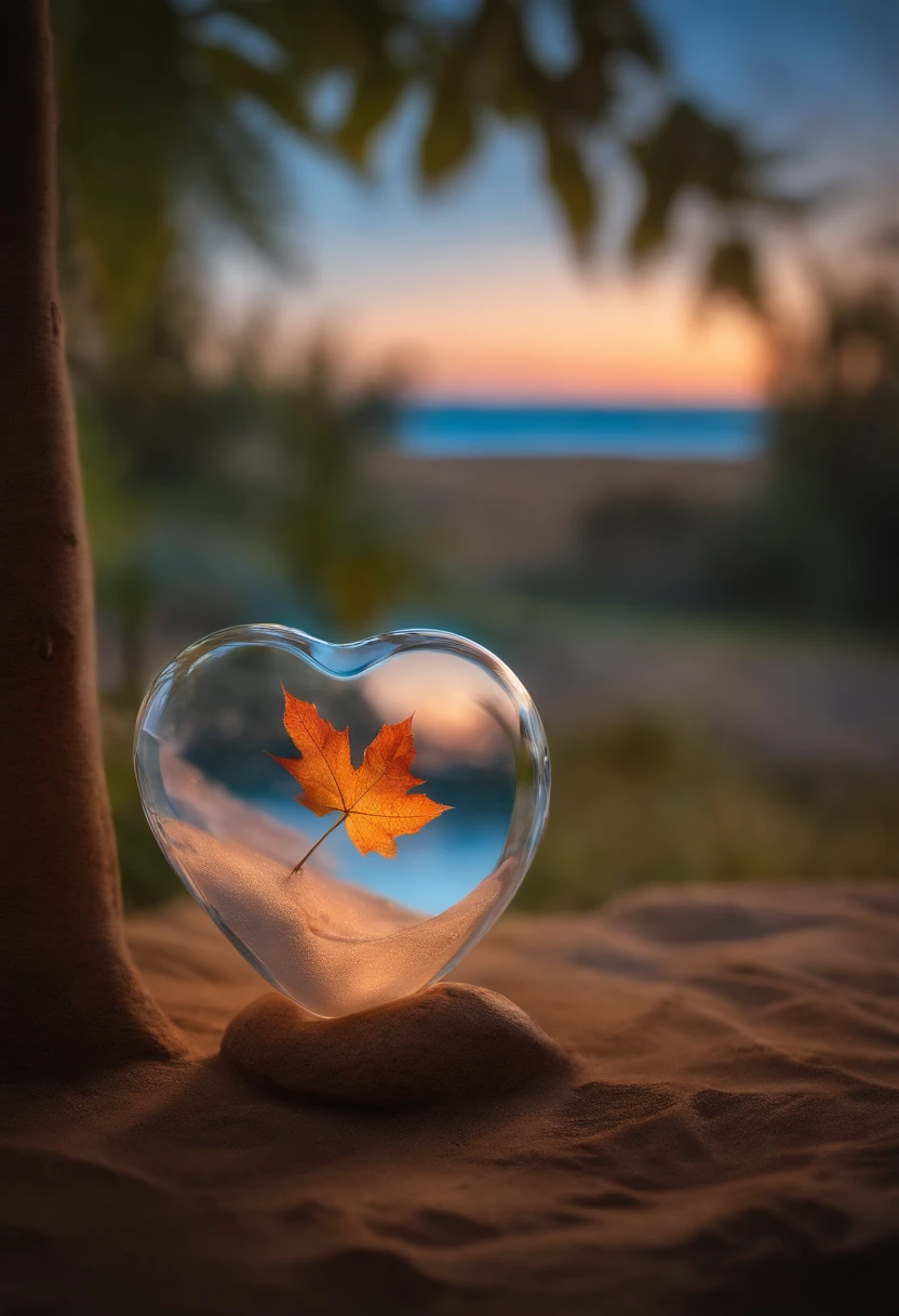 Double exposure of a glass heart, immersed in a soft and romantic atmosphere.  Use the double exposure technique to create a vivid, dynamic image.  Inside the glass heart, visualize a beautiful summer landscape with a picturesque summer bungalow in front of a beach with waves set amidst the vibrant summer sunset, all crafted using the tilt-shift technique, 3D effect and sharp contrast.  Around the glass heart, the atmosphere should resonate with love and romance, with soft pastel tones and warm lights creating a mesmerizing and inviting setting.  Ensure that the autumnal landscape and the charming cottage inside the glass heart have a vibrant and detailed appearance, forming a peaceful and romantic setting that blends harmoniously with the tender and romantic surroundings.
  Required for this effect: Alchemy, PromptMagicV3, PhotoReal or DreamShaperV7