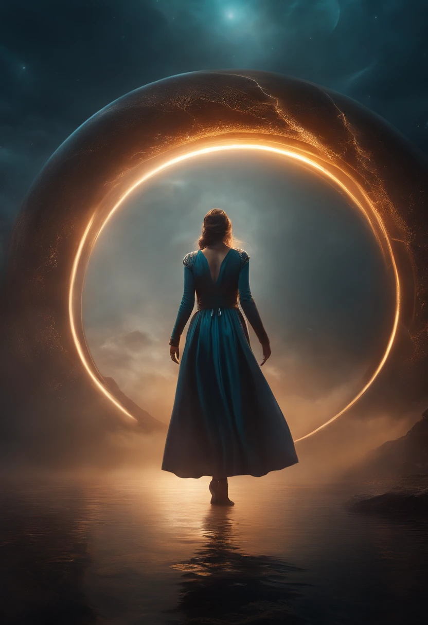 Photo, Portrait, Intimidating floating woman [a discovery of a wormhole leads to new worlds|a cursed prince must marry a monster], [scifi:Fantasy:0.6] Cinematic lighting