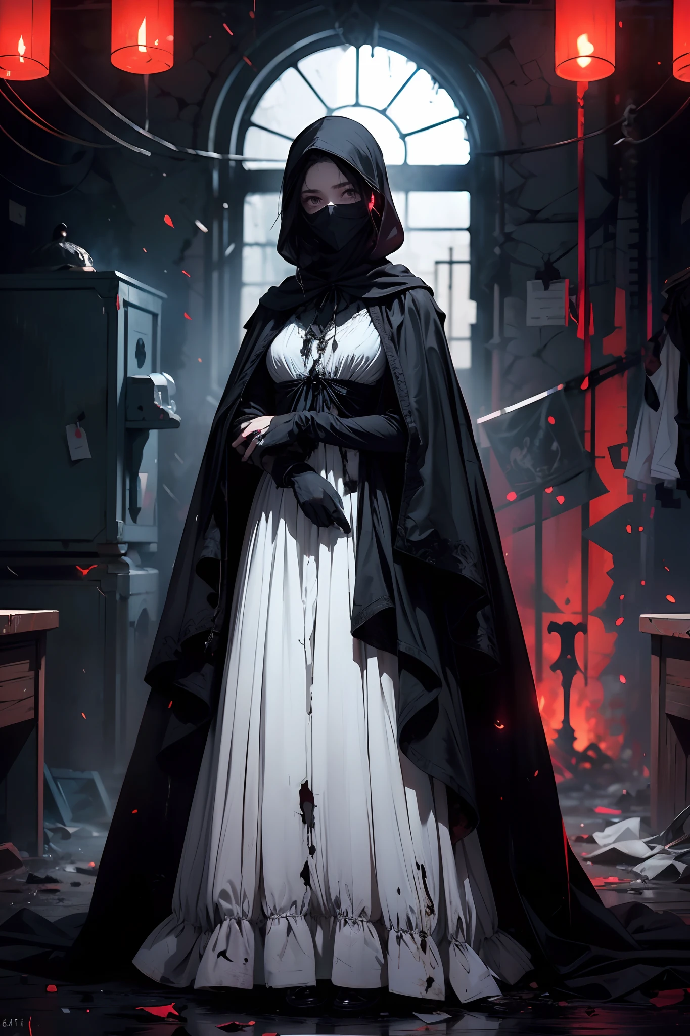 A girl wearing a black cloak that completely obscures her face, with only red lights resembling her eyes visible within the shadows amid the darkness. She wears a stained, dirty, and tattered white dress. The setting is chaotic, somber, and desolate, in an empty place with no one around, except for the girl standing there, gazing into your eyes.