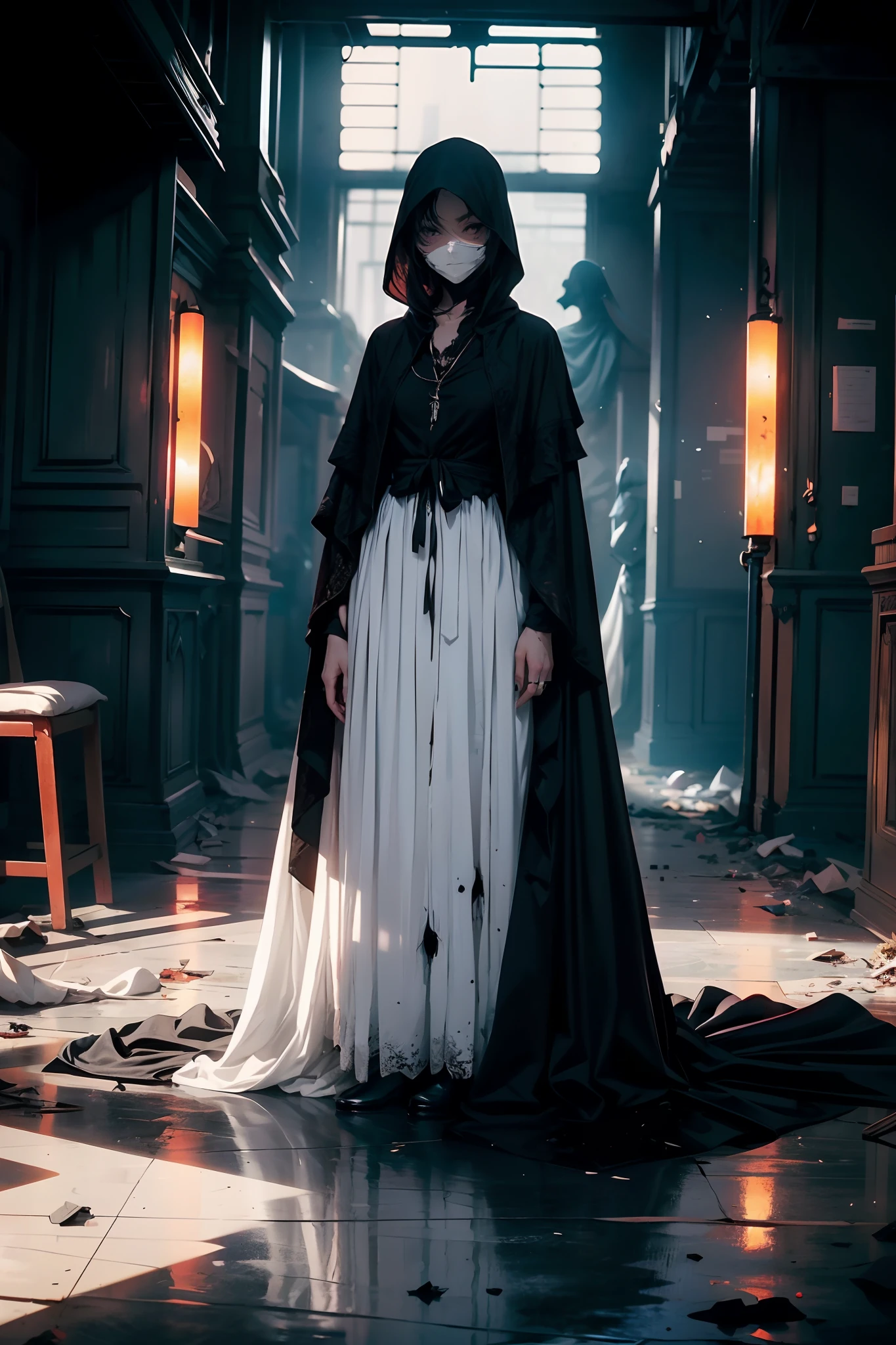 A girl wearing a black cloak that completely obscures her face, with only red lights resembling her eyes visible within the shadows amid the darkness. She wears a stained, dirty, and tattered white dress. The setting is chaotic, somber, and desolate, in an empty place with no one around, except for the girl standing there, gazing into your eyes.