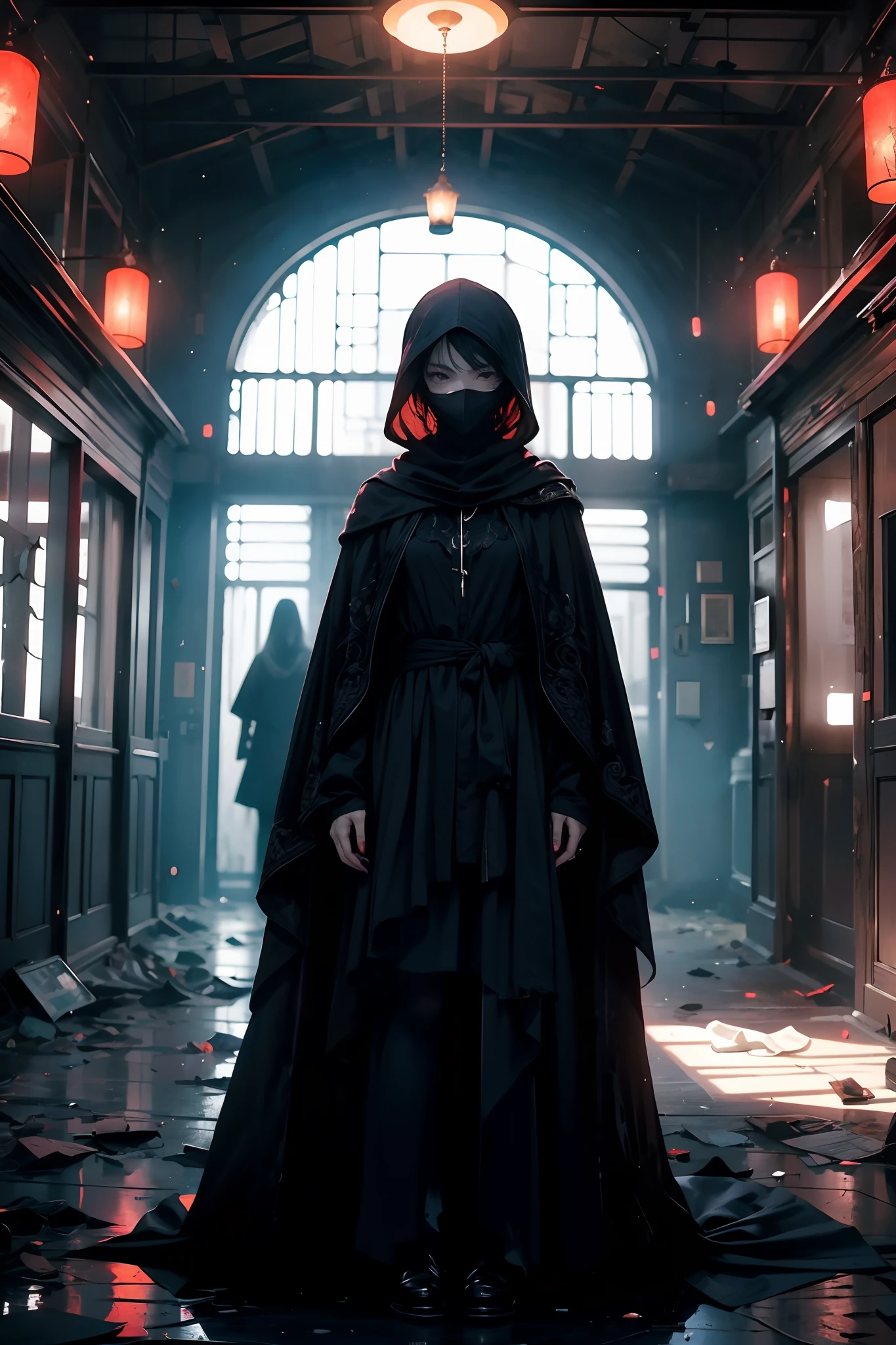 A girl wearing a black cloak that completely obscures her face, with only red lights resembling her eyes visible within the shadows amid the darkness. She wears a stained, dirty, and tattered white dress. The setting is chaotic, somber, and desolate, in an empty place with no one around, except for the girl standing there, gazing into your eyes.