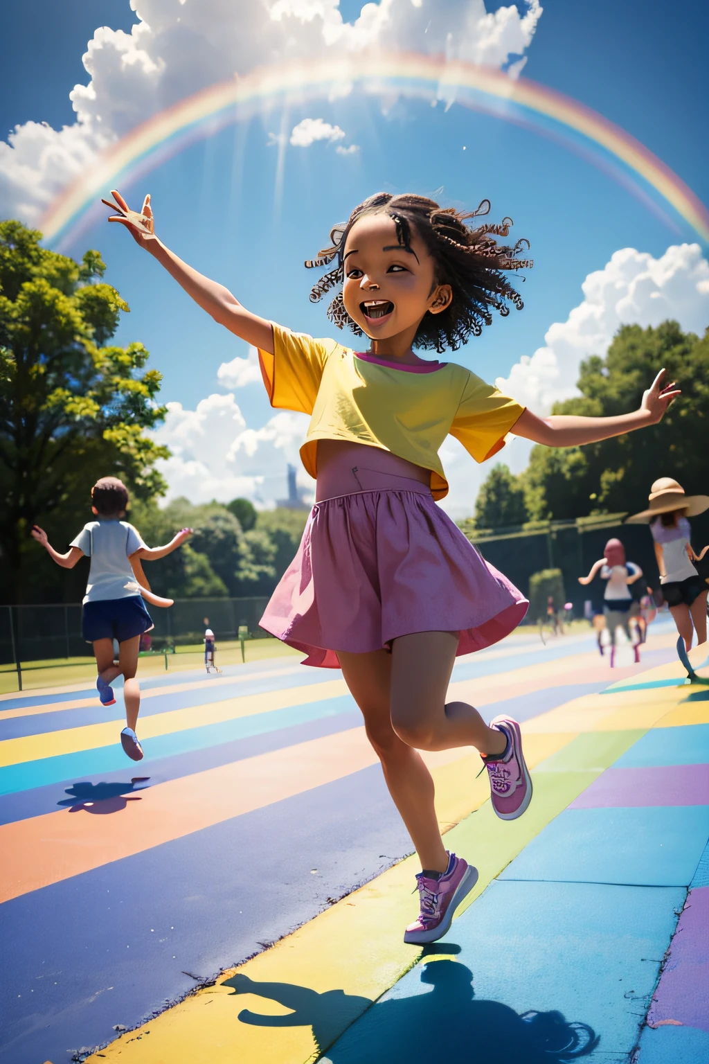 Describe an animated scene of children jumping hopscotch on a sunny summer day. The children range in  from 4 to 10 d are wearing colorful clothes that reflect the joy of the season. The sky is partly cloudy, creating a pleasant and inviting atmosphere. No horizonte, A rainbow appears, adding a magical twist to this outdoor play scene.